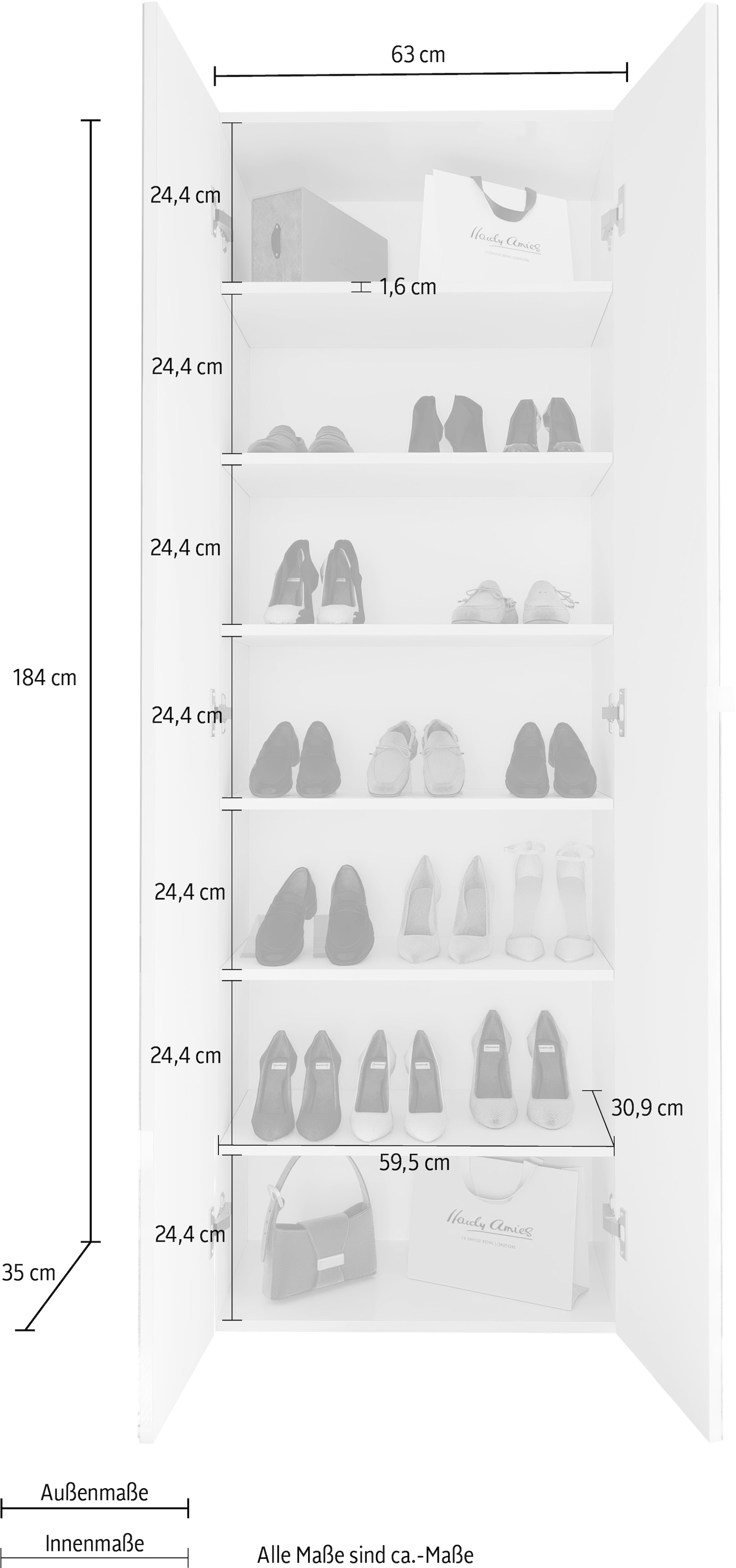 INOSIGN Schuhschrank »SMILE Höhe 184 cm, Weiss Hochglanz lackiert mit 2 Spiegeltüren,«, Schuhregal mit 7 Ebenen, Metallgriff, viel Stauraum, 4 Böden variabel