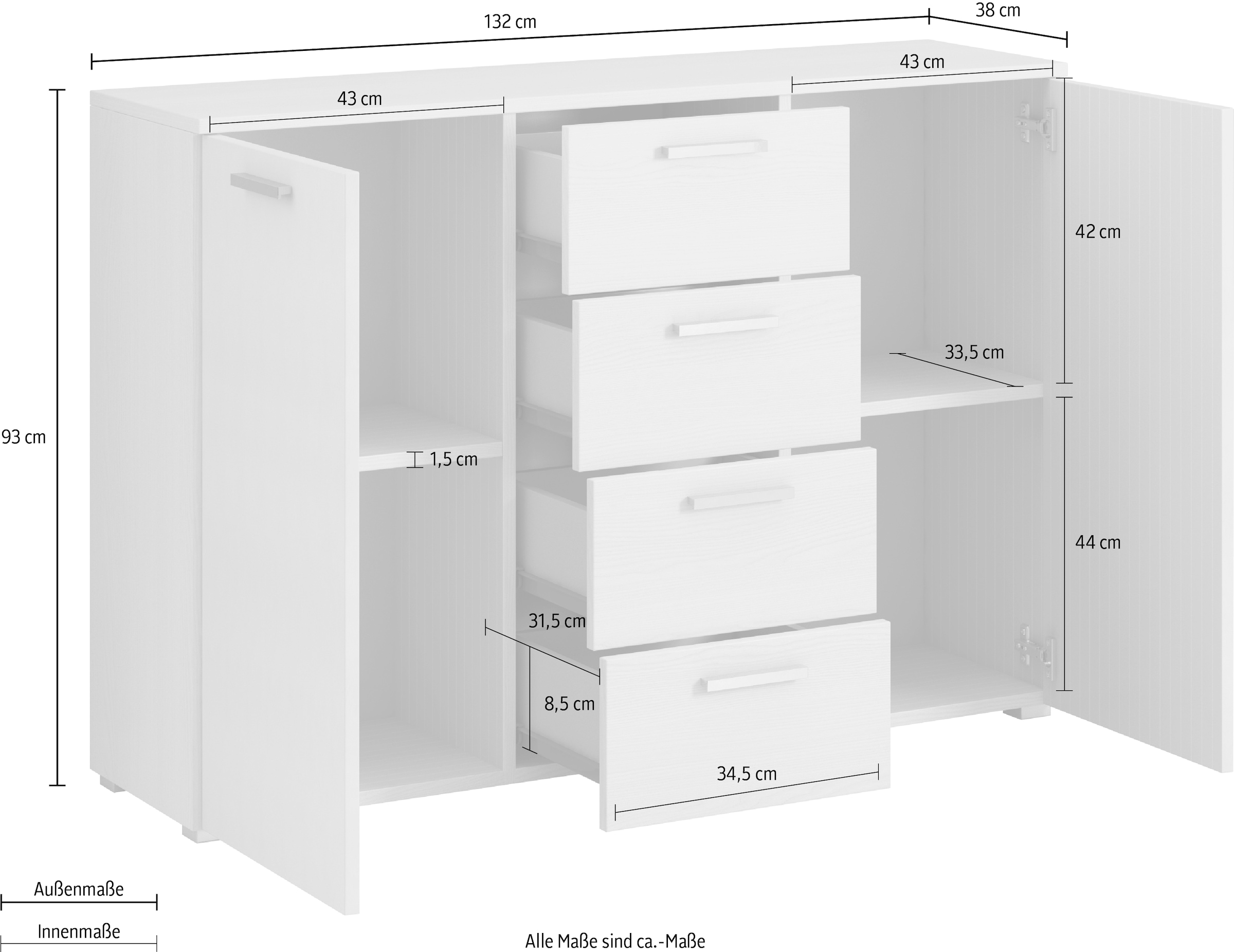 INOSIGN Kombikommode »Galaxy Breite 132 cm, zeitlose Schubladenkommode, Anrichte«, Sideboard, viel Stauraum 2-türig und mit 4 Schubladen