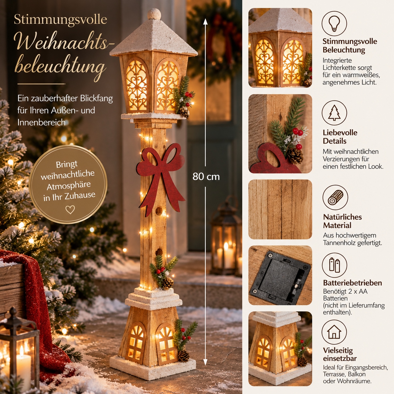 Myflair Möbel & Accessoires LED Laterne »Holzlaterne, 80 cm hoch« Warmweiss mit  intergrierter LED-Lichterkette
