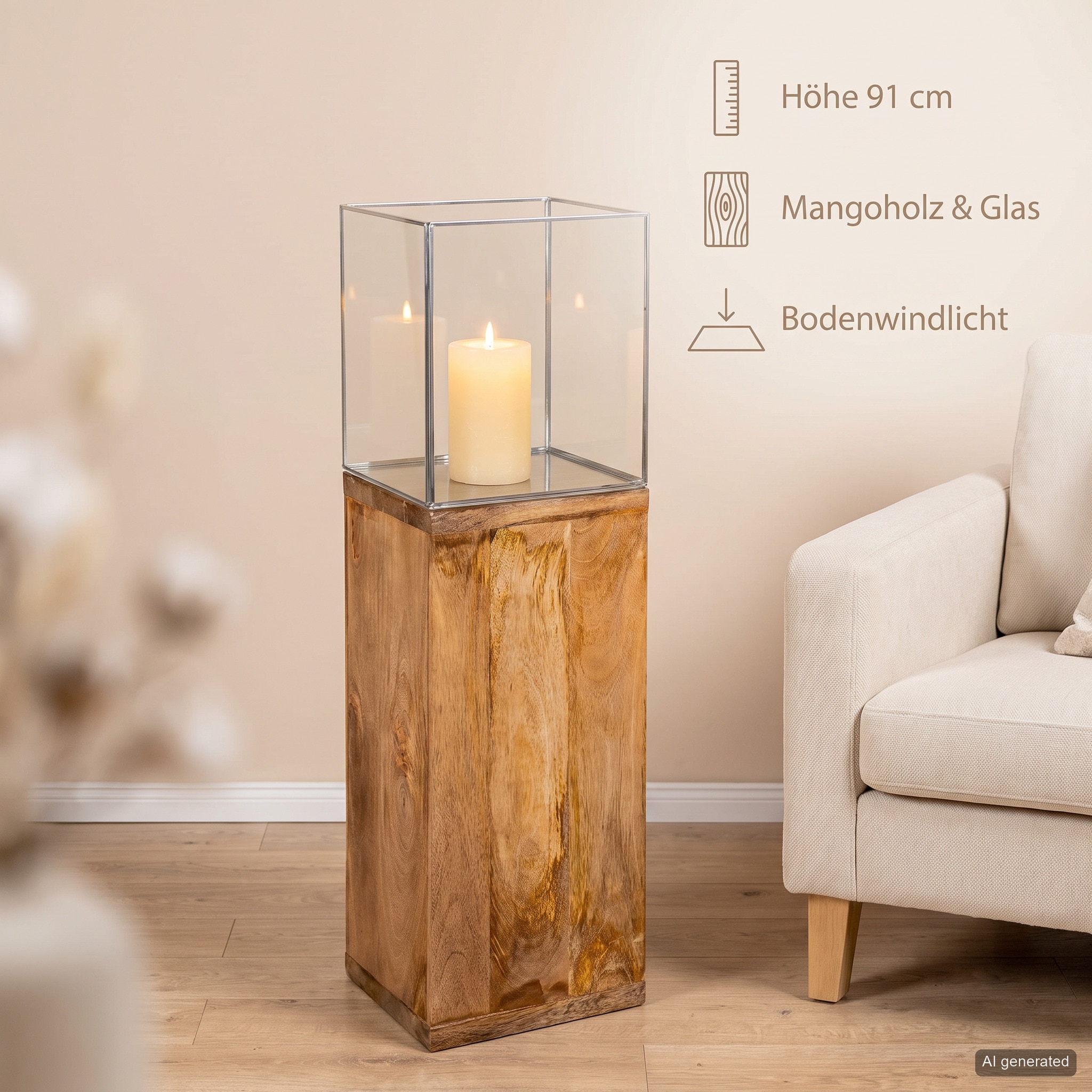 GILDE Photophore de sol »Windlicht, Kerzenhalter Säule, 91.26x26cm, Geschenkidee« en bois massif de manguier huilé, avec plateau en verre inclus