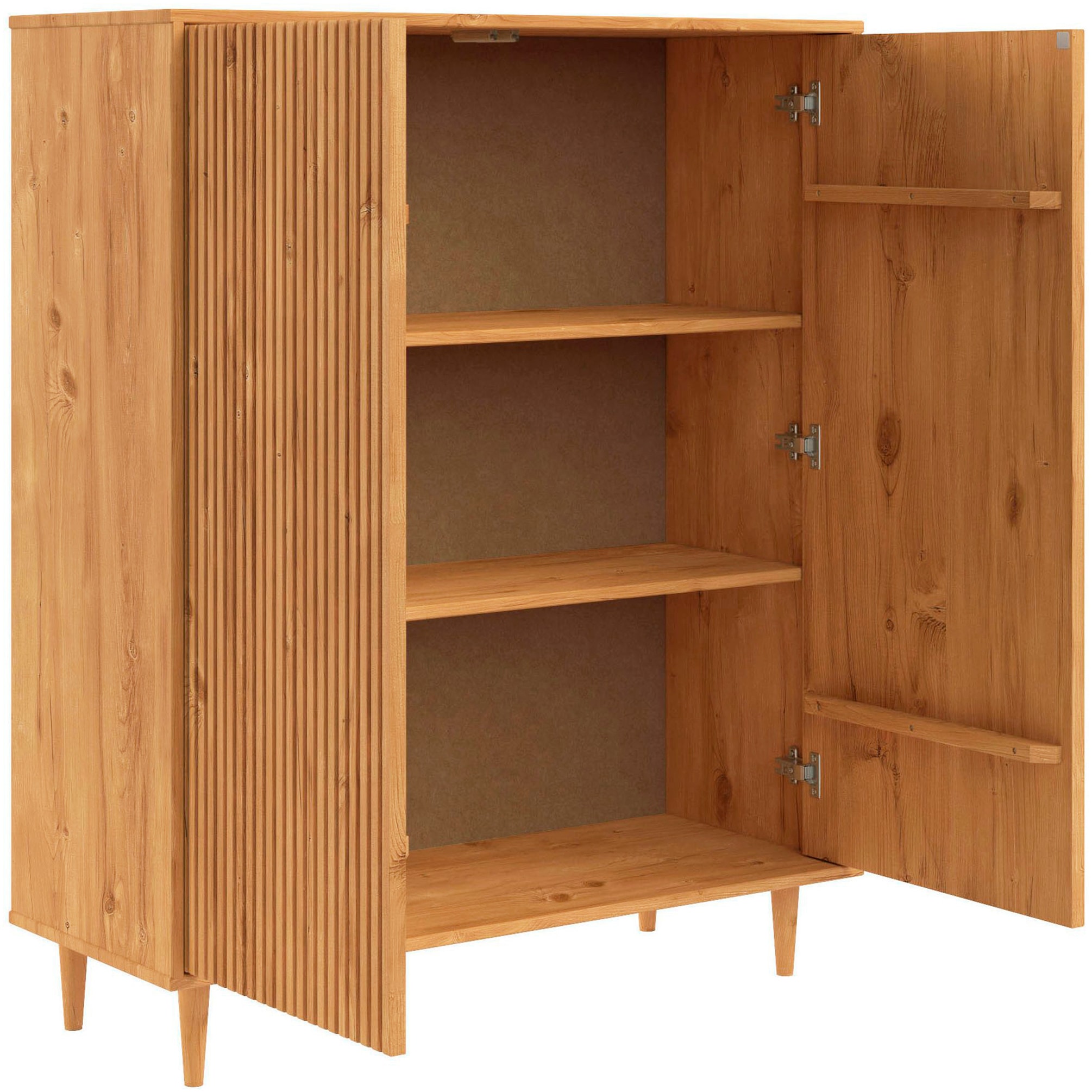 GOODproduct Highboard »Malmedy Midischrank mit einer Lamellenoptik und Push to Open Funktion« massives Kiefernholz, Push-to-open Funktion, verstellbare Einlegeböden
