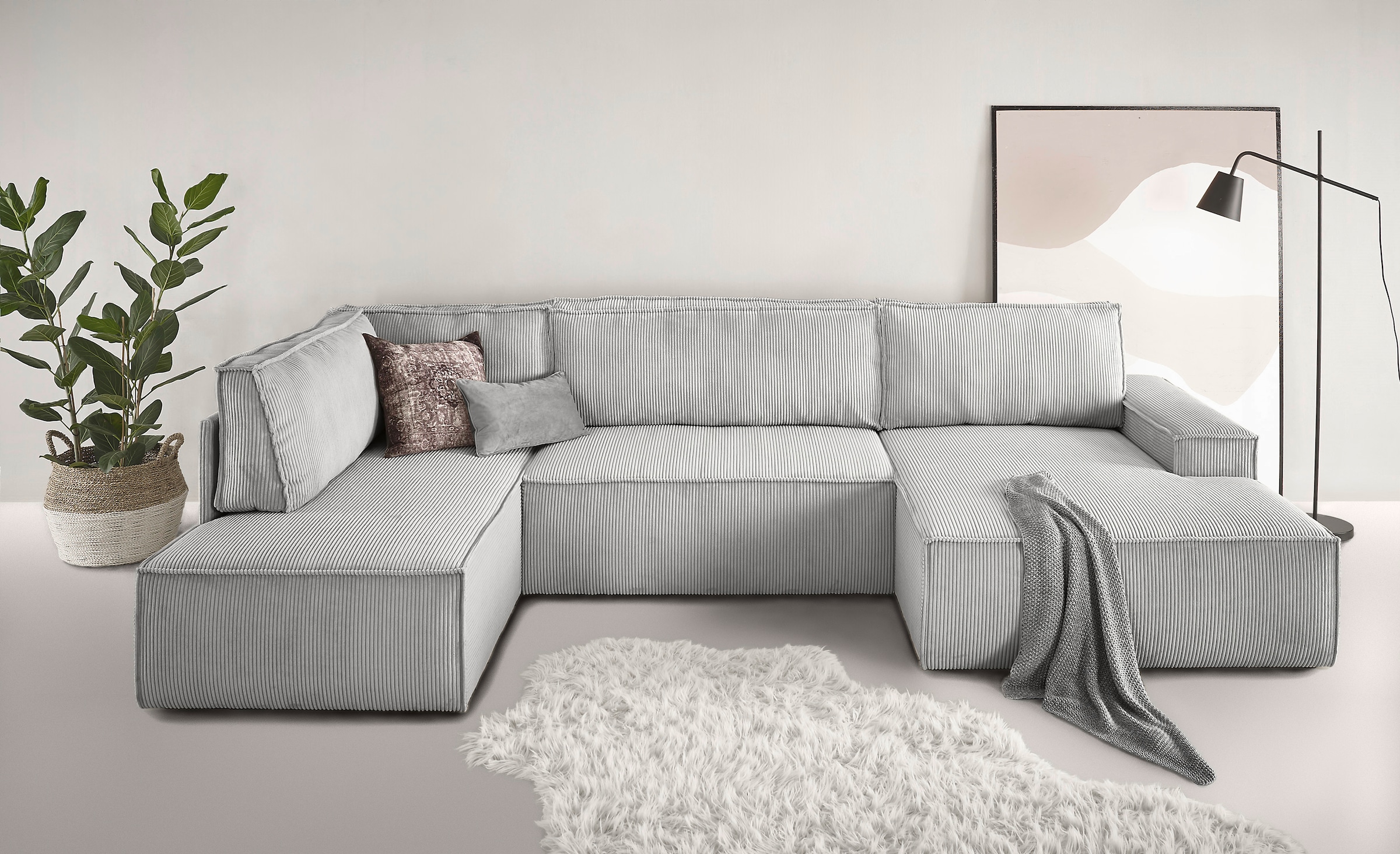 Home affaire Wohnlandschaft »SHERWOOD 329 cm, U-Form, Schlafsofa,«, Schlaffunktion m. Bettkasten (194x139 cm), Cord, Vintage, Samtvelours