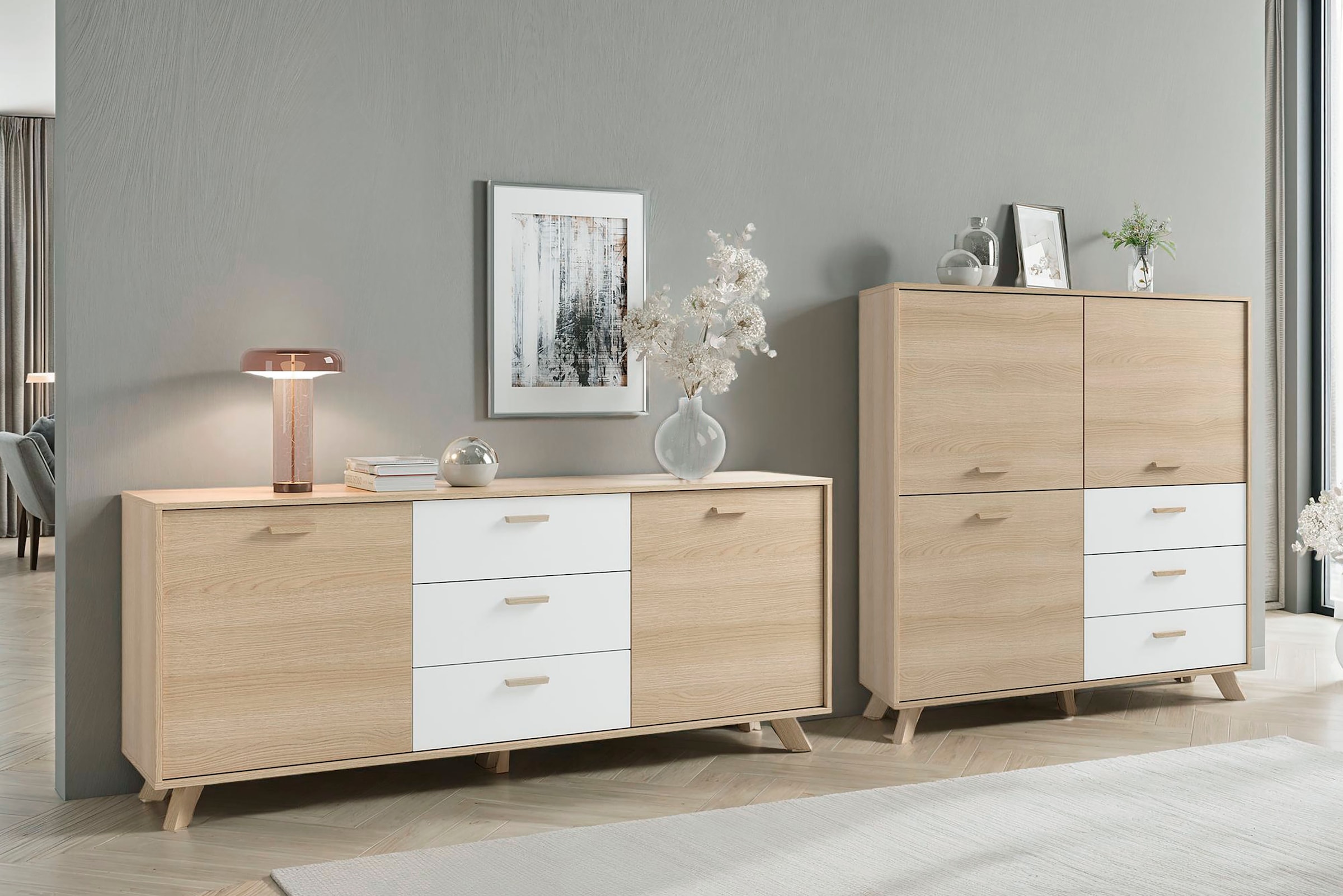byLIVING Sideboard »Bastian« 1 cuis tlg. mit massiven Holzfüssen und Griffen, natürlicher Eichenlook, 180cm