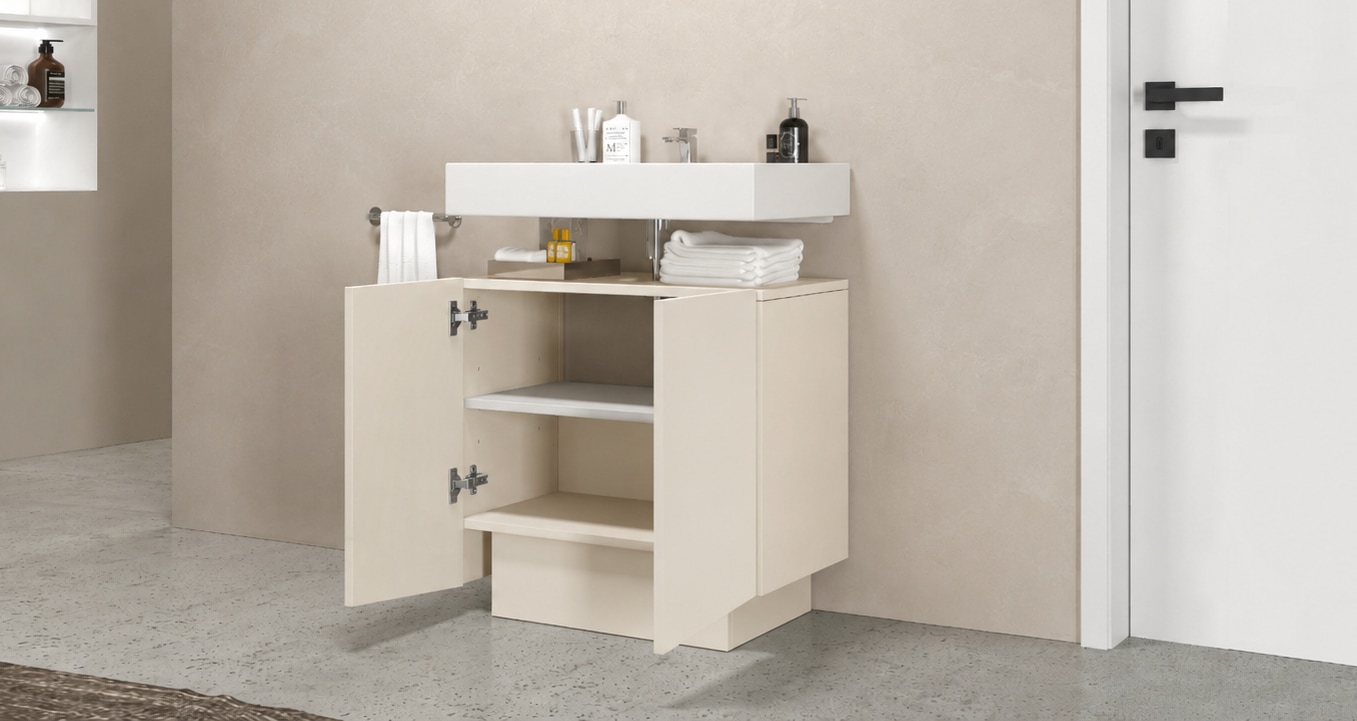 welltime Armoire sous lavabo »Vela,Breite 60cm, 2 Türen, 2 Fächer, mit Siphonausschnitt« 1 cuis tlg. meuble sous-lavabo, plan vasque, design avec portes inclinées