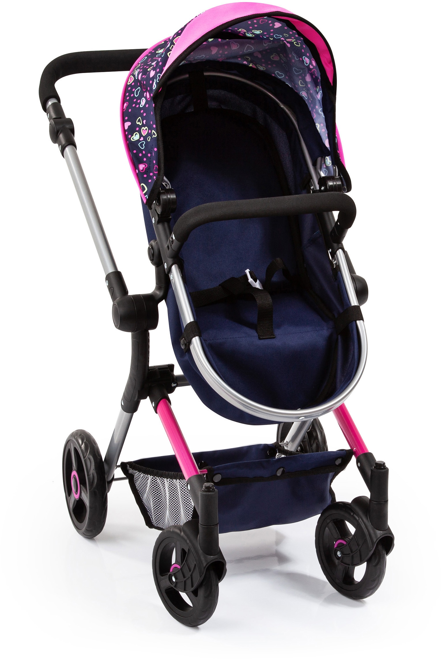 Bayer Kombi-Puppenwagen »Vario, Blau/Pink/Herzchen«, inkl. Wickeltasche