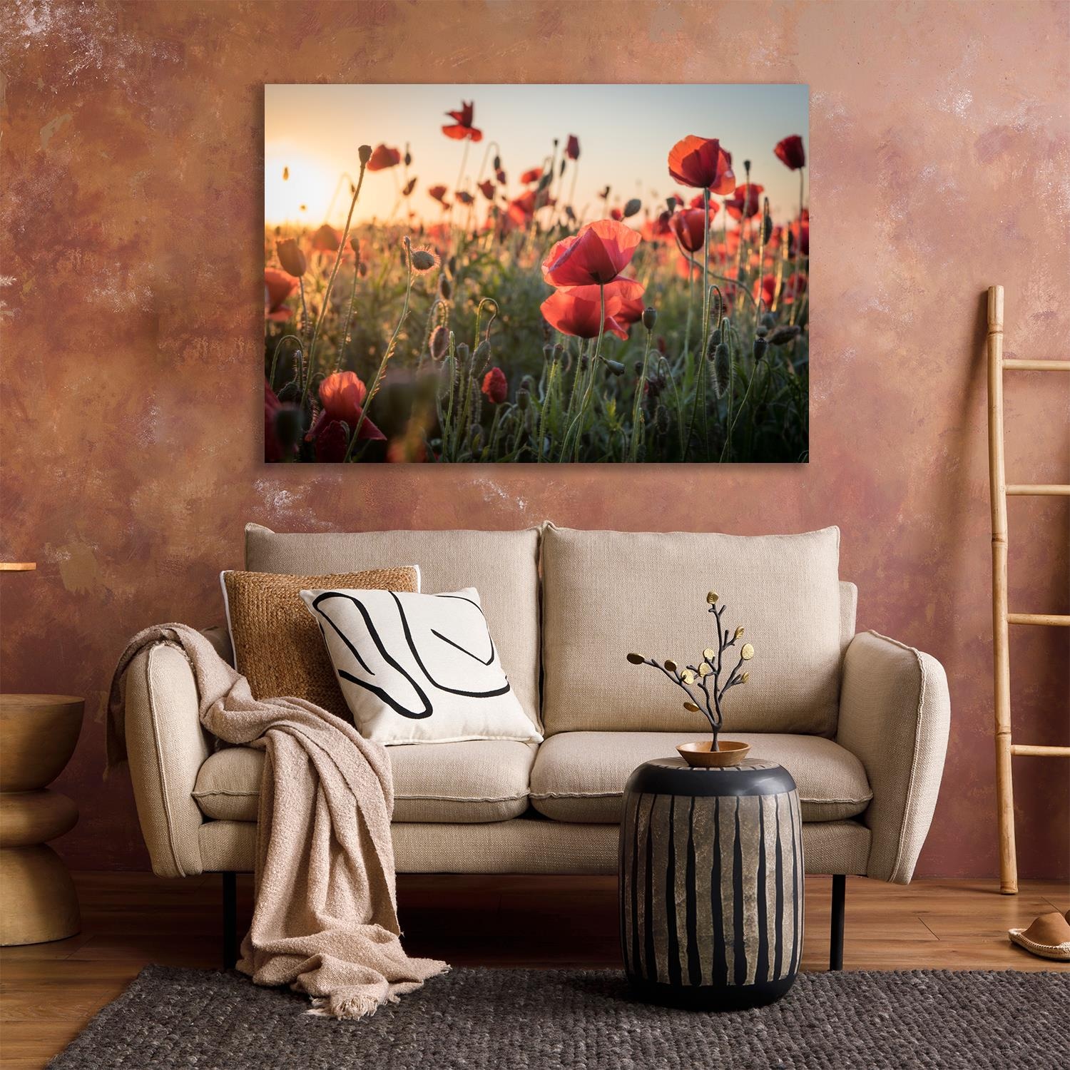 Image of queence XXL-Wandbild "Akustikbild Mohn Mohnfeld bei Sonnenaufgang" Bilder vom Sonnenuntergang & -aufgang Blumen Blumenbilder Blumenwiese Felder Natur Pflanzen Pflanzenbilder