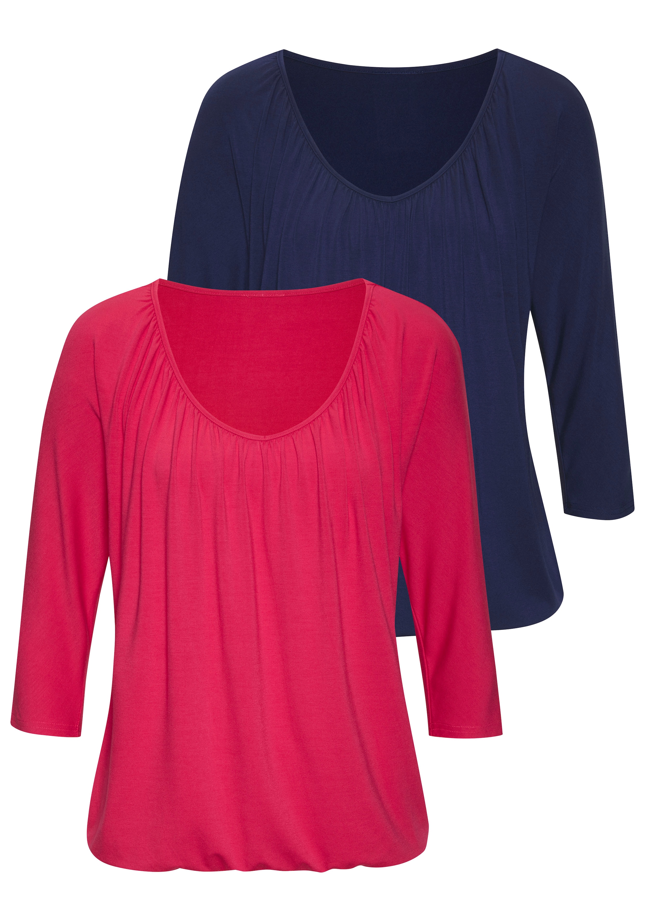 Image of LASCANA 3/4-Arm-Shirt "mit zarter Raffung am Ausschnitt" 2er-Pack, aus Viskose-Stretch
