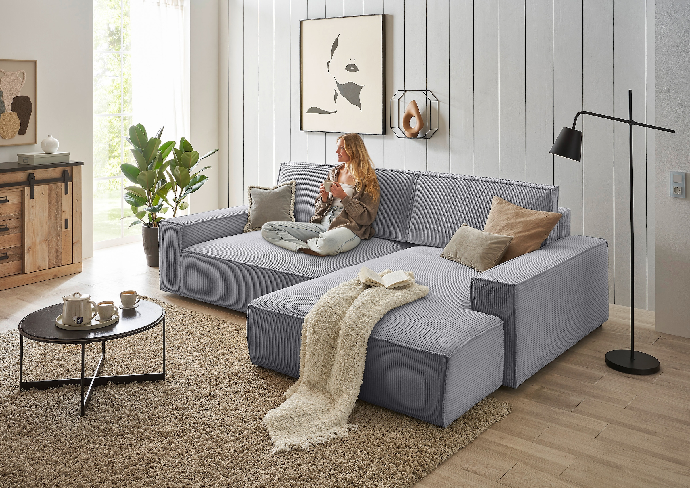 Home affaire Ecksofa »NEU: SHERWOOD XXL 284, Big-Sofa L-Form, tiefe Sitzfläche 95 cm, Cord« Recamiere rechts/links, als Schlafsofa stellbar, Cord u. Leinenoptik