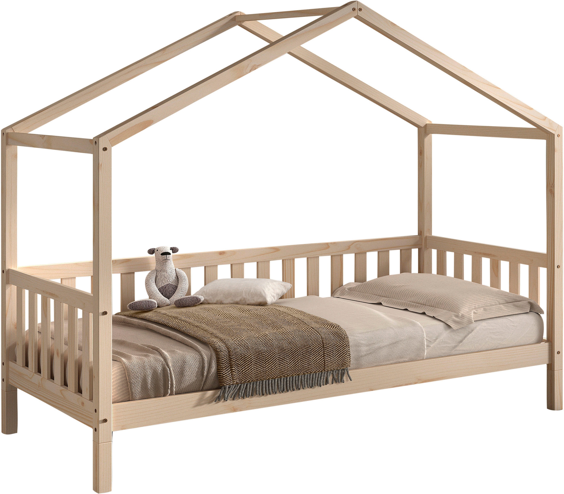 Vipack Hausbett »Dallas, Massivholzbett mit Dachaufbau umbaubar vom Boden- zum Daybett« inkl. Rolllattenrost und Sprossenumrandung, 90 oder 140x200 cm breit,  stabil und standfest gebaut, wahlweise Kiefer massiv natur oder weiss