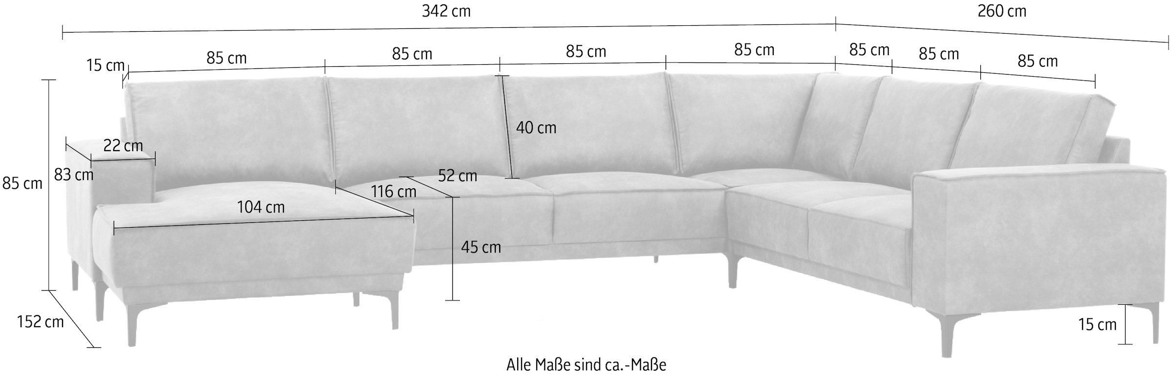 Places of Style Wohnlandschaft »XXL Sofa Oland, Struktur, Flachgewebe, Luxus-Microfaser, Boucle«, U-Form, 342 cm, Wellenunterfederung, Skandi-Design, Metallfüsse