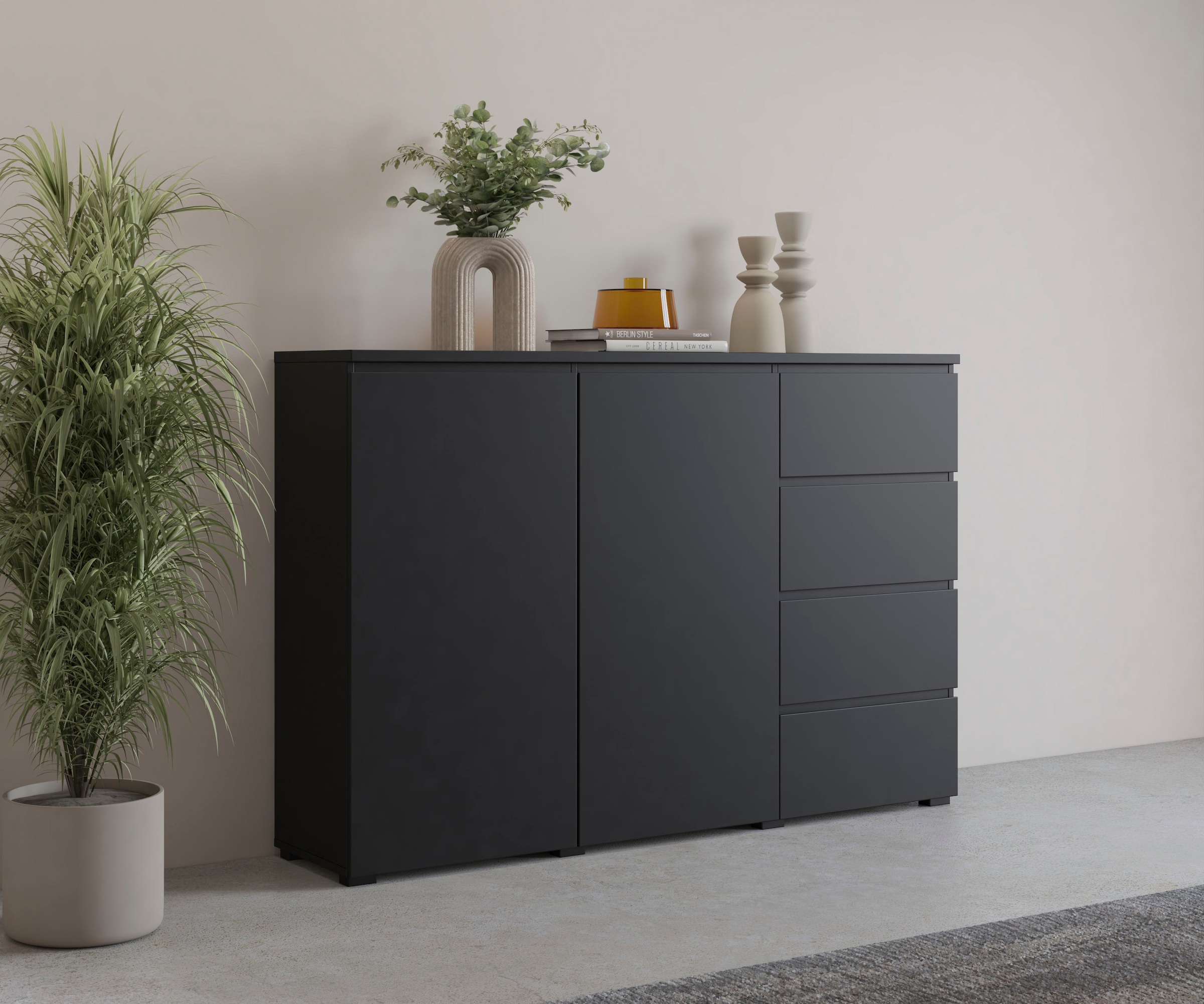GOODproduct Highboard »Modo, Breite 150 cm, moderne grifflose Kommode 2Türen/4 SK« Schubladenkommode mit viel Stauraum, Einlegeböden verstellbar