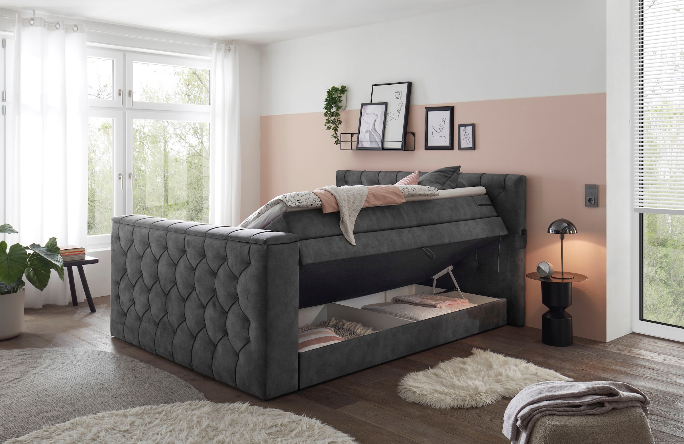 ED EXCITING DESIGN Lit boxspring »Springdale« mit Bettkasten, motorisierter TV-Halterung, Duo-Matratze (H3/H4)