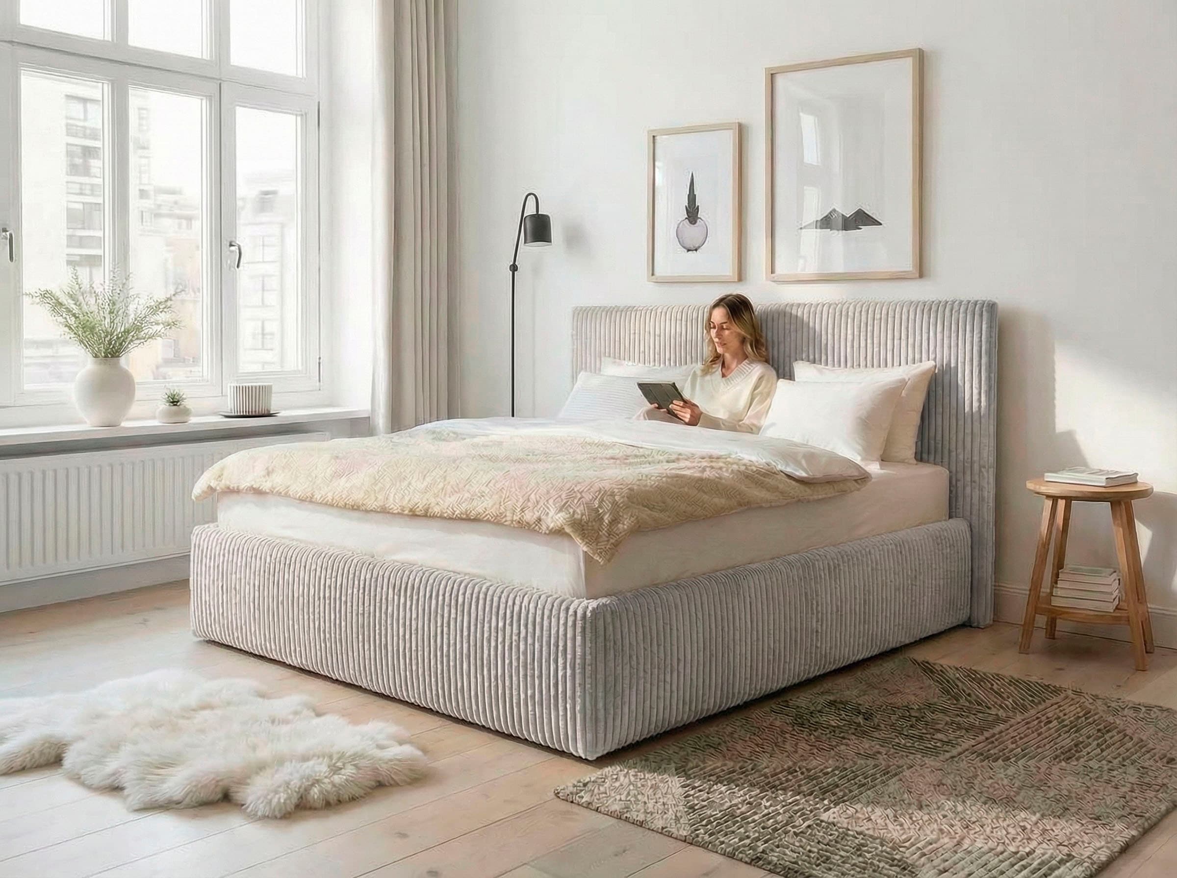 GOODproduct Lit rembourré »AVVRA wahlweise mit Lattenrost und King-Matratze H3 (28cm)« avec housse en velours côtelé doux, surface de couchage 180x200cm