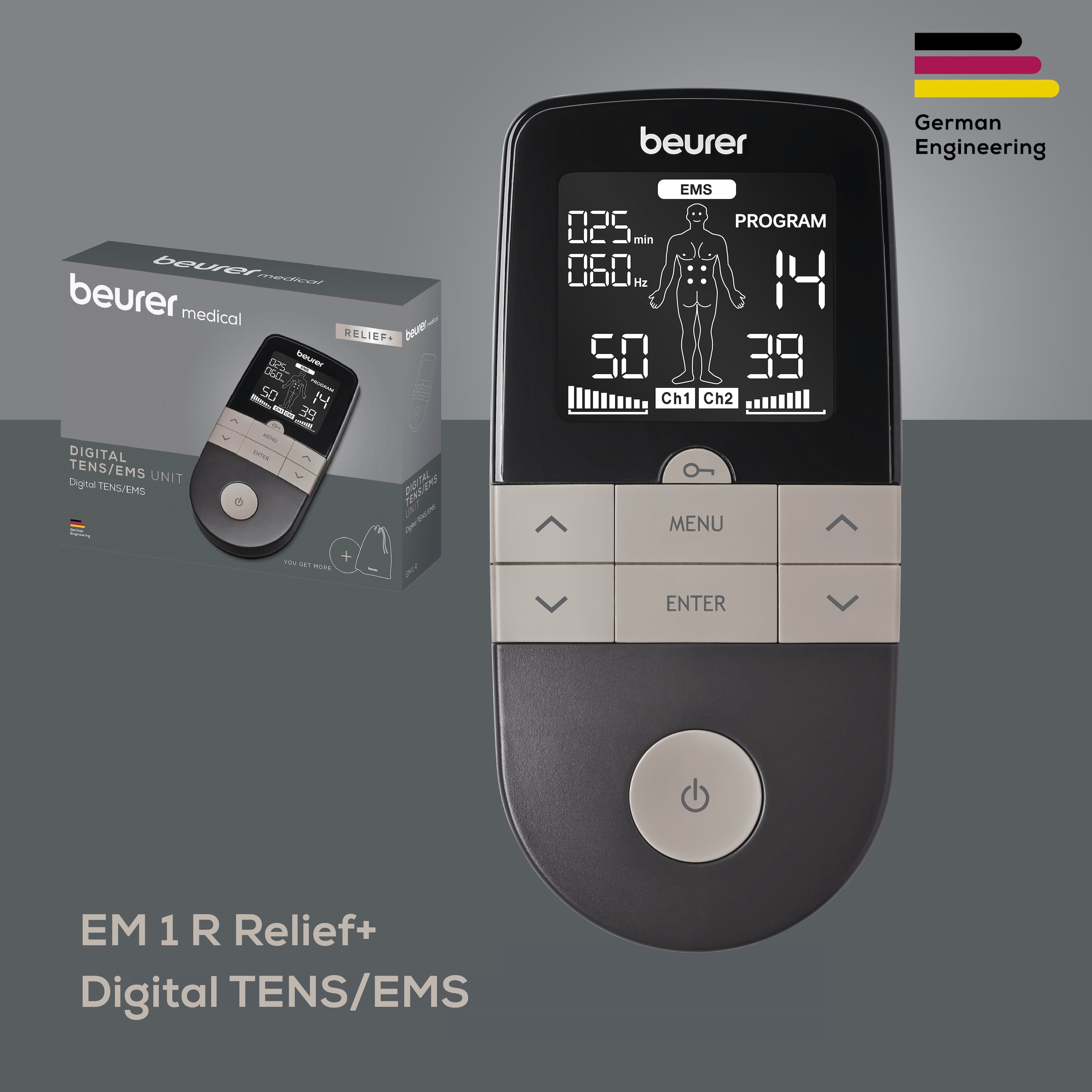 Image of BEURER TENS-EMS-Gerät "Digital EM 1 R Relief+, 3-in-1 Reizstromgerät" zur Schmerztherapie, Muskelstimulation und Entspannung