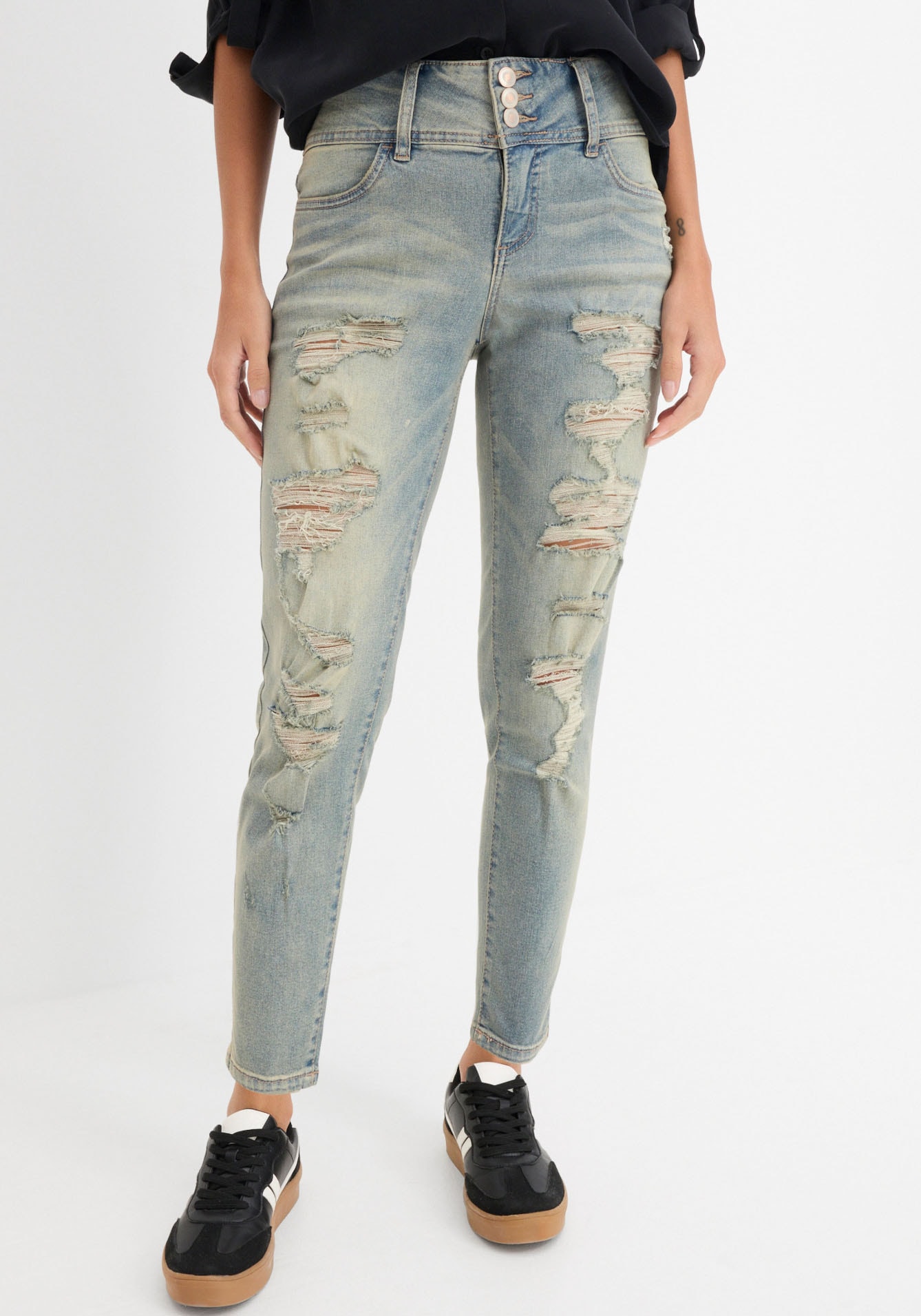 Image of bonprix Skinny-fit-Jeans "Skinny Jeans High Waist, Stretch" Skinny-fit, mit breitem High Waist Bund, coole Destroyed Effekte