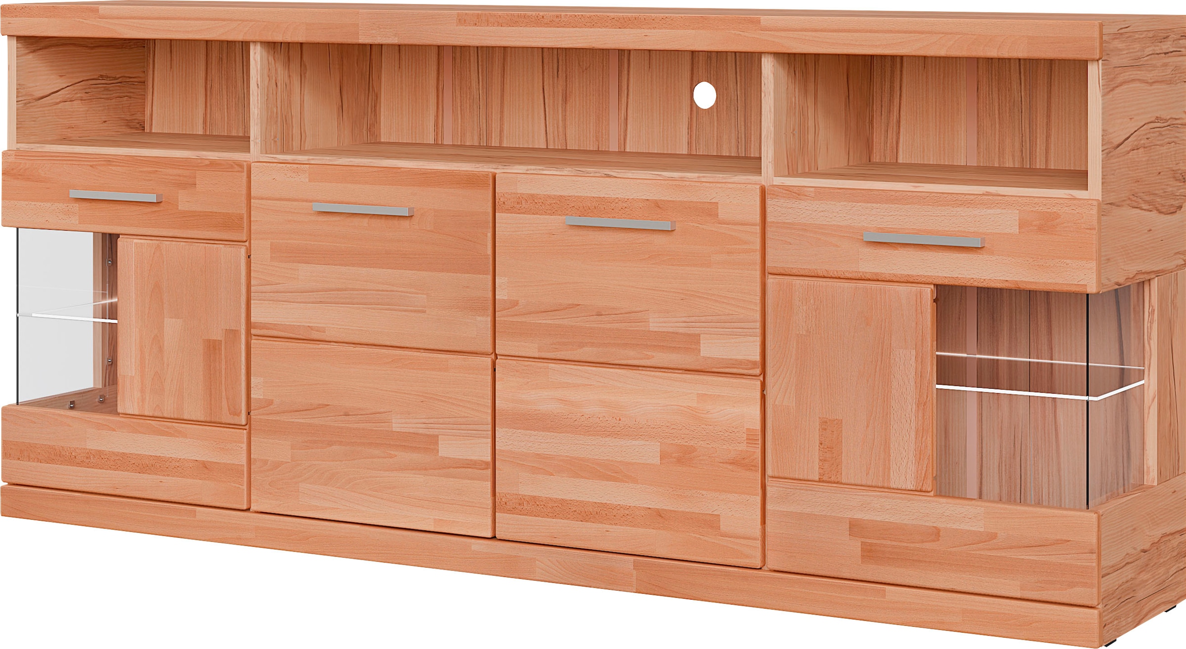 GOODproduct Sideboard »RIBE20 Fronten massiv,Korpus Melamin, 2 Türen mit Glaseinsatz« B/T/H: 180/35/80cm,3offene Fächer u 6geschlossene,Teilmassiv Kernbuche