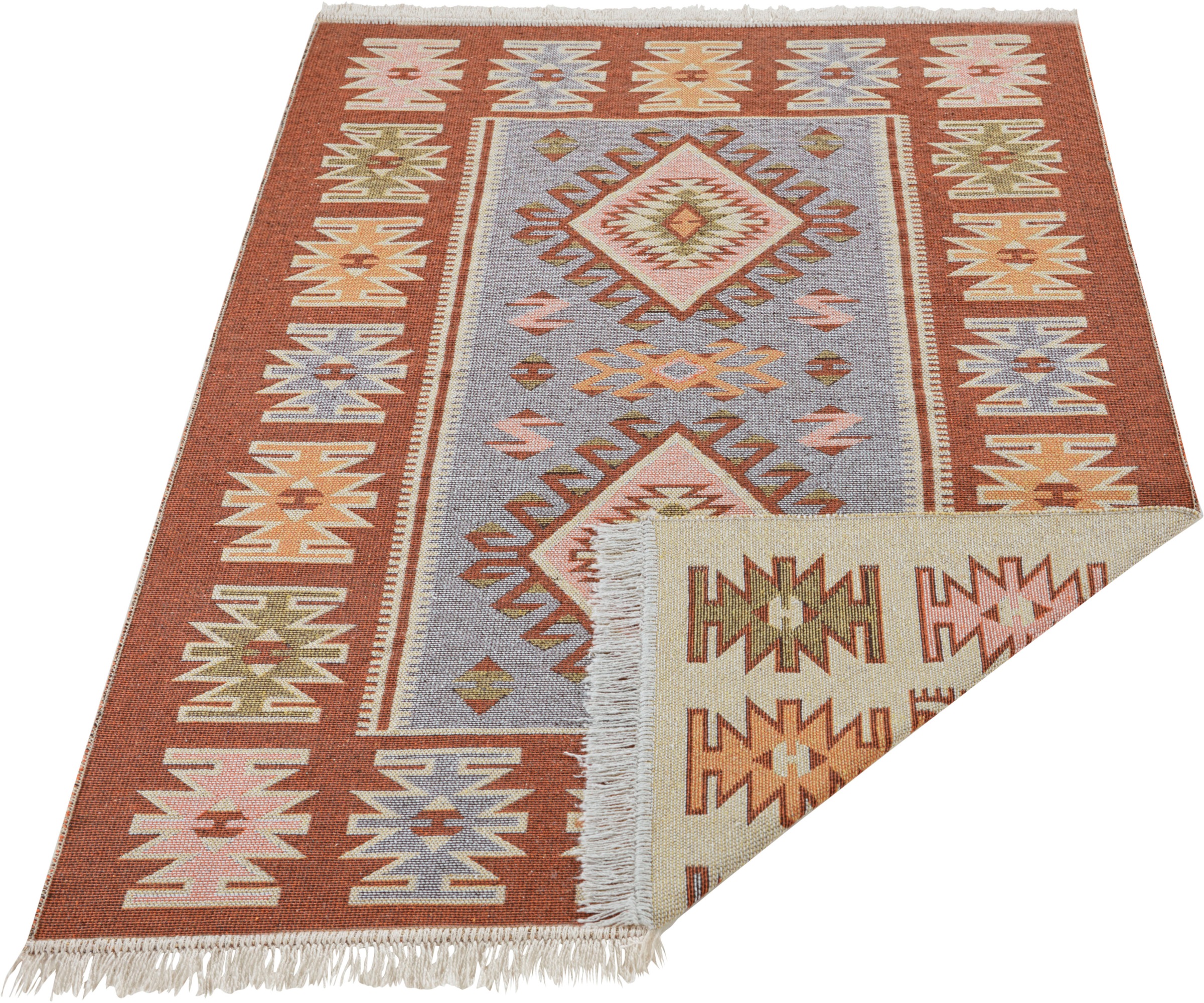 Image of HANSE Home Teppich »Yamuna«, rechteckig, 3 mm Höhe, Wendbar mit Fransen, Kelim Look, Boho, 100% recycelte Baumwolle, Faltbar, Wohnzimmer, Schlafzimmer, Robust, Pflegeleicht bei Ackermann Versand Schweiz