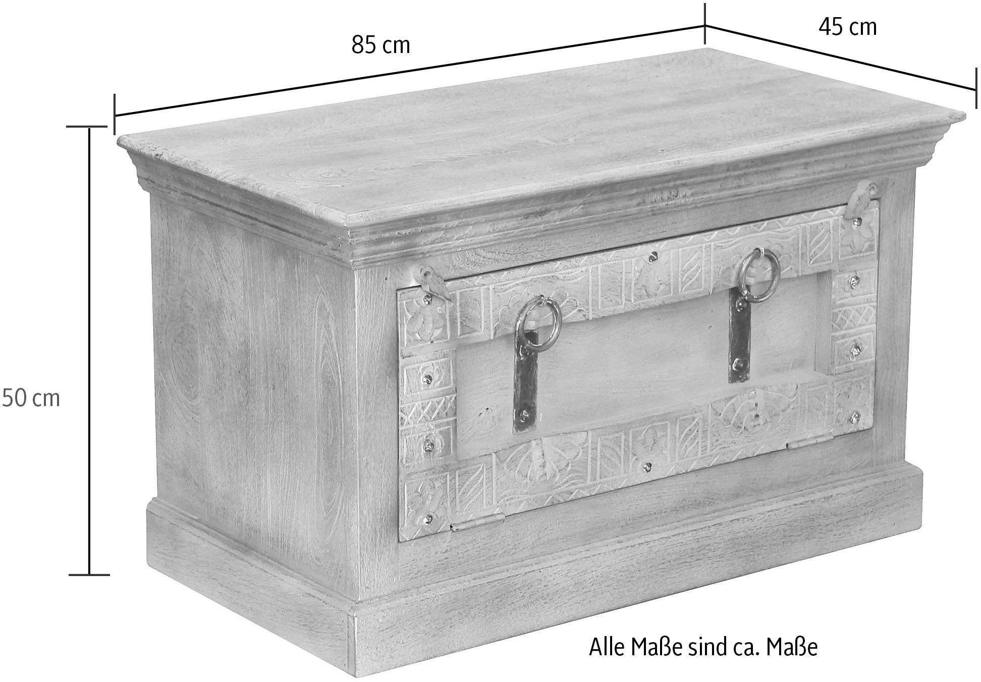 SIT Banc coffre »Berlin aus Mangoholz mit aufwendigen Schnitzereien & Schuhfach« banc avec compartiment à chaussures intégré pour environ 6 paires de chaussures