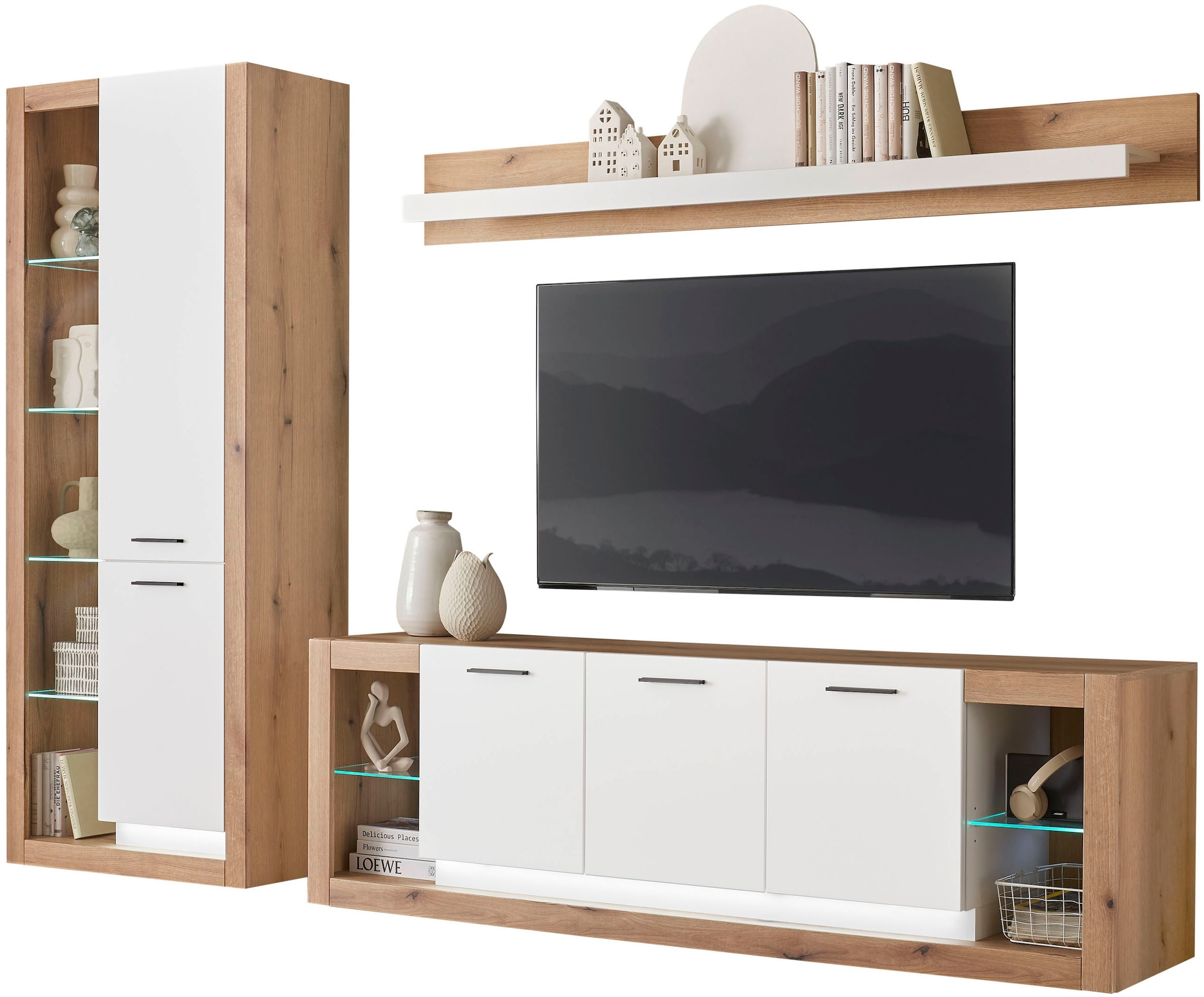 INOSIGN Wohnwand »Brixen, moderne Anbauwand, Wohnzimmer-Set, Eiche Evoke Dekor mit Weiss«, (Set, 3 St.), enthält Stauraumelement, Lowboard und Wandboard