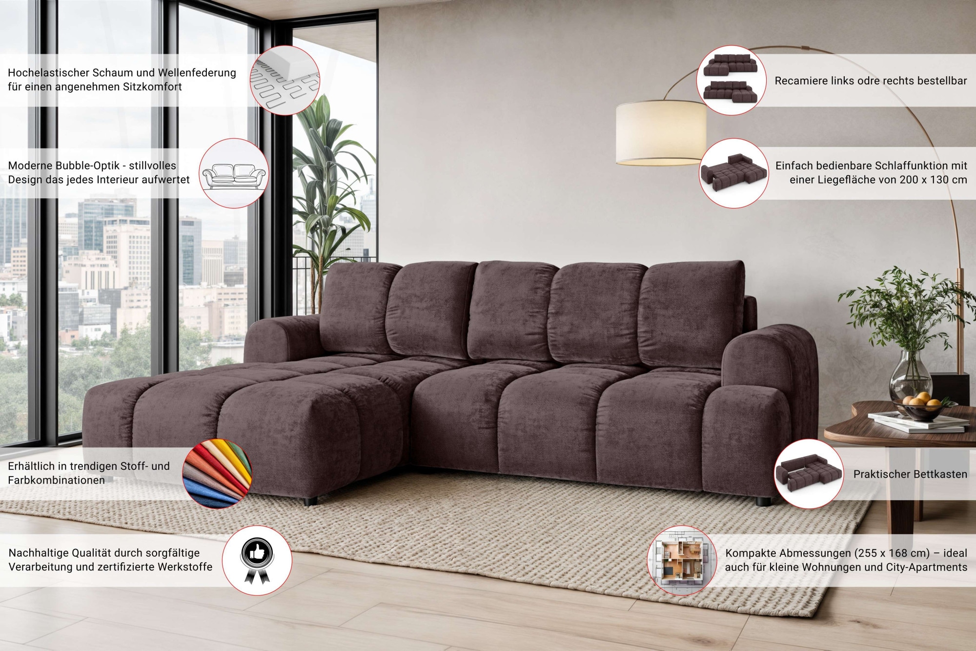 GOODproduct Ecksofa »FINNOX Schlafsofa, Bettkasten, komfortables Sitzgefühl, Breite 255cm« Liegefläche 130x200cm, inklusive Rückenkissen, moderne Steppung