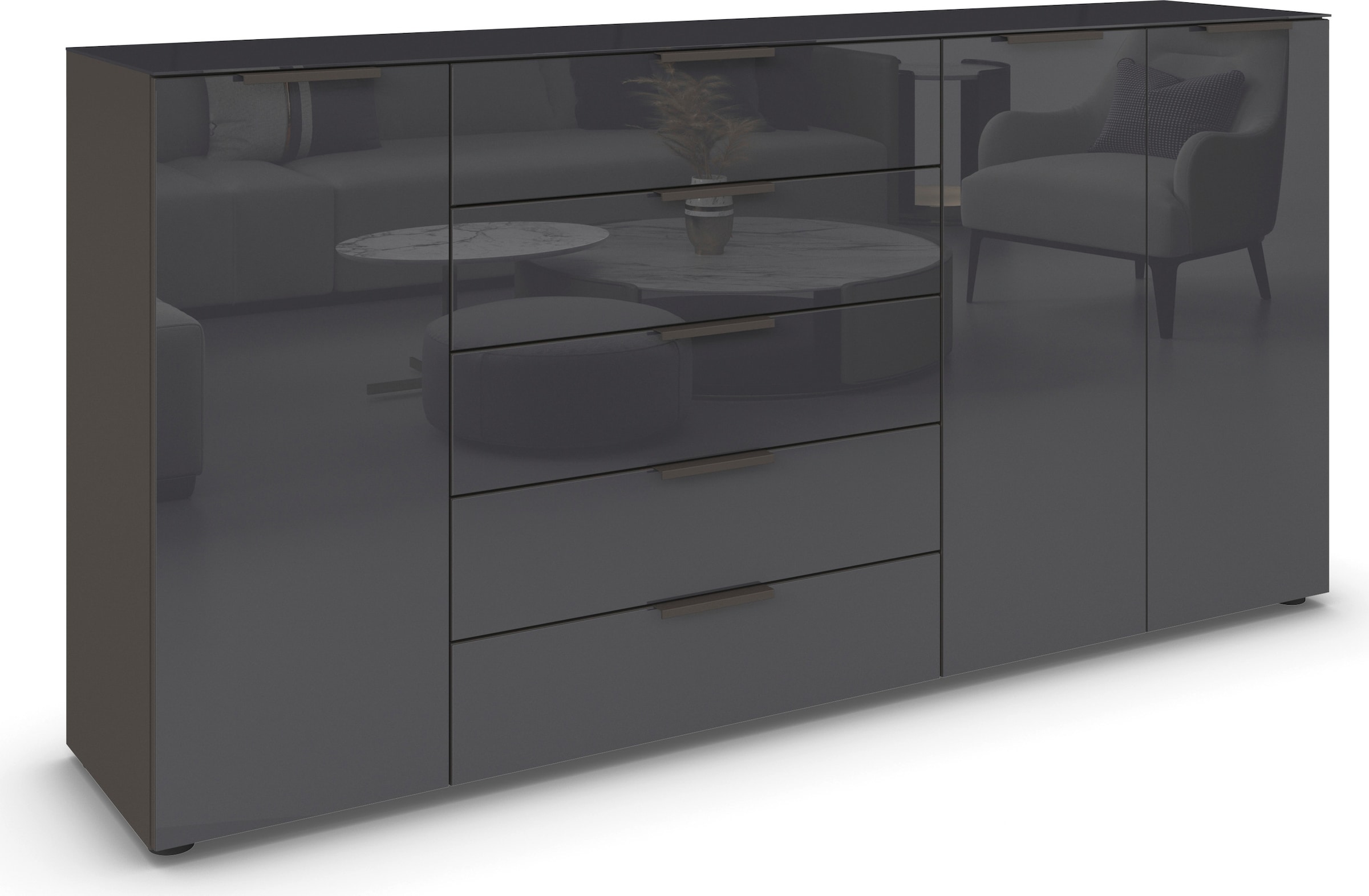 rauch Commode combinée »Kommode Türkommode Sideboard Kombikommode FLIPP mit Glasfront« Largeur 200 cm avec 4 étagères,  3 portes, 5 tiroirs, fonction soft-close, dessus et façade en verre
