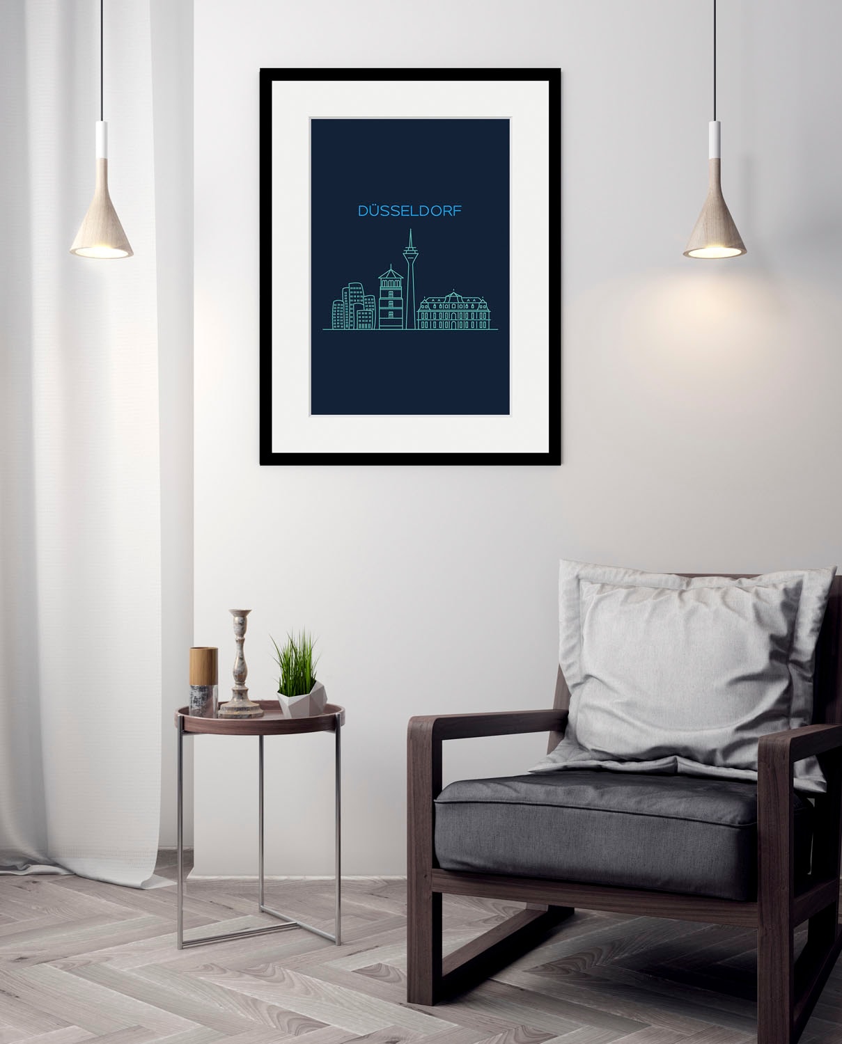 Image of queence Bild "Düsseldorf Sightseeing" Deutschland Düsseldorf Gebäude Schriftzug Stadt Städte 1 Stk. tlg. HD Premium Poster-Druck inkl. Holzrahmen