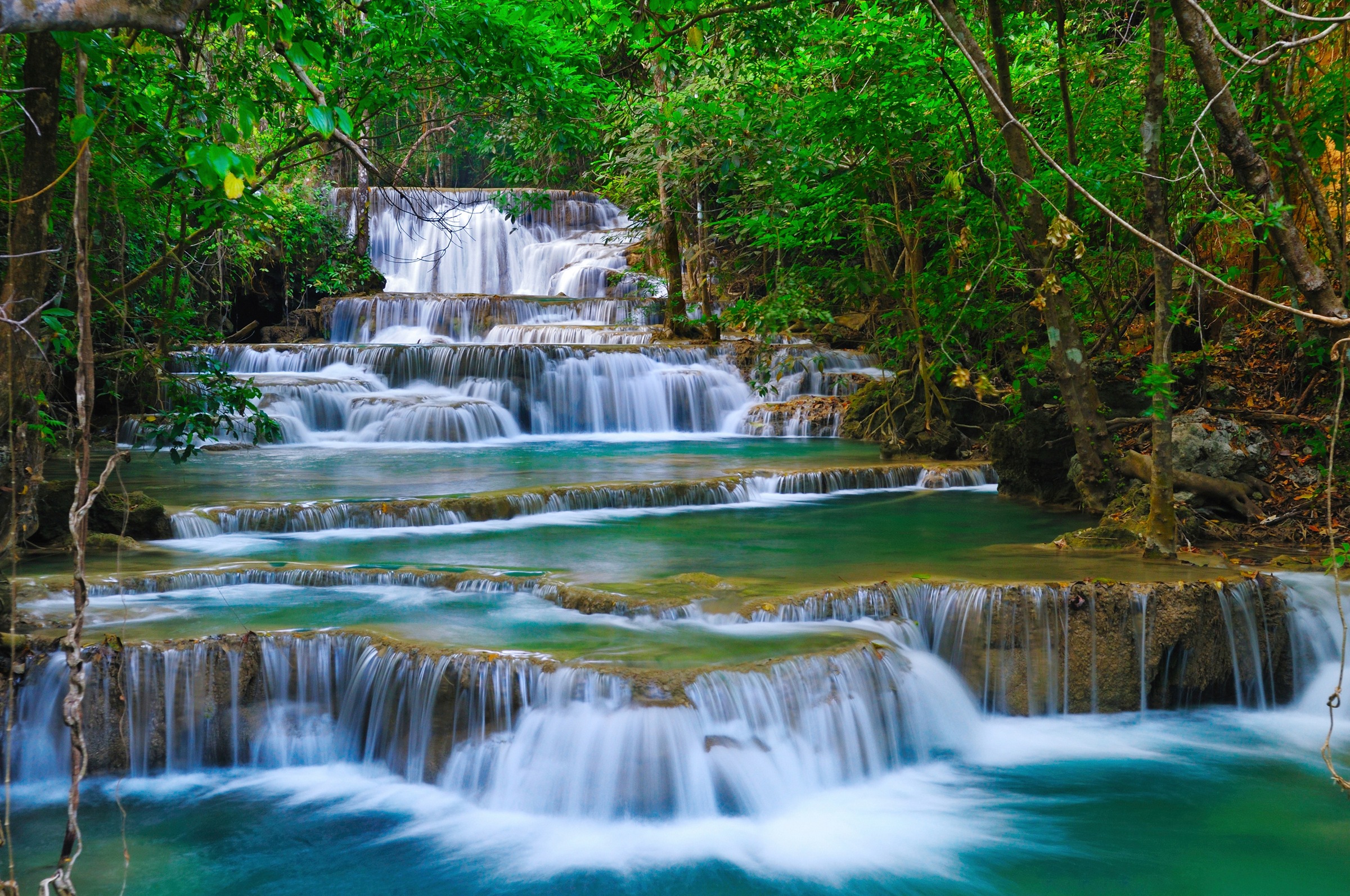 Image of Papermoon Fototapete "WASSERFALL-BÄUME FLUSS SEE STEINE BLUMEN BERGE SONNE"