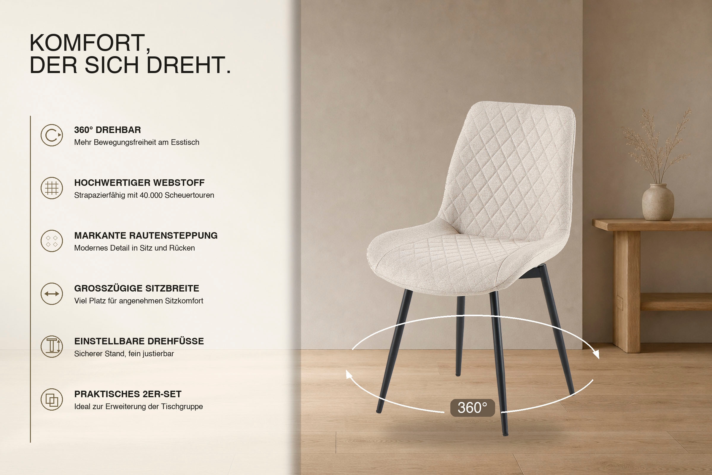 GOODproduct Esszimmerstuhl »Juniper, 2er-Set« () 2 Stk.Stuhl aus Webstoff mit moderner Rautensteppung und 360° Drehfunktion