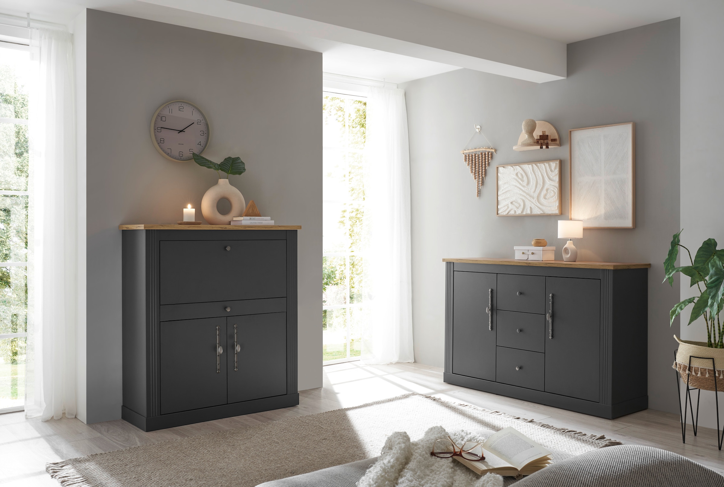 GOODproduct Ensemble de meubles de bureau »Westminster, wohnliches Home-Office, Büro in zwei Farben verfügbar« Ensemble, 2 tlg. comprend secrétaire et buffet de style campagne, avec canal pour câbles