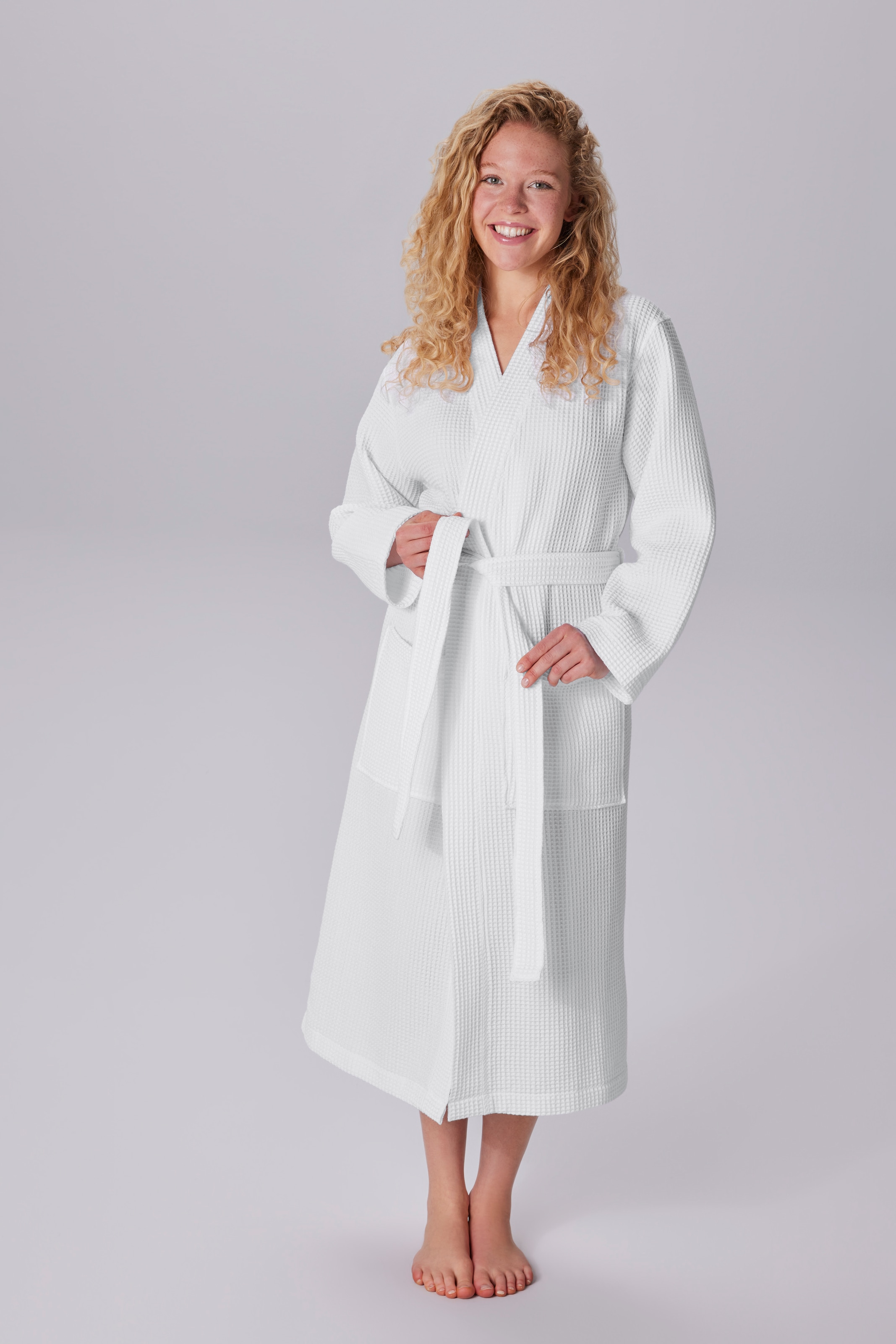 my home Unisex-Bademantel »Inga, Waffelpiqué, ideal für Sauna & Spa, Hotelbademantel«, (1 St.), kleines Packmass, Taschen, Damen & Herren, S-3XL, Morgenmantel
