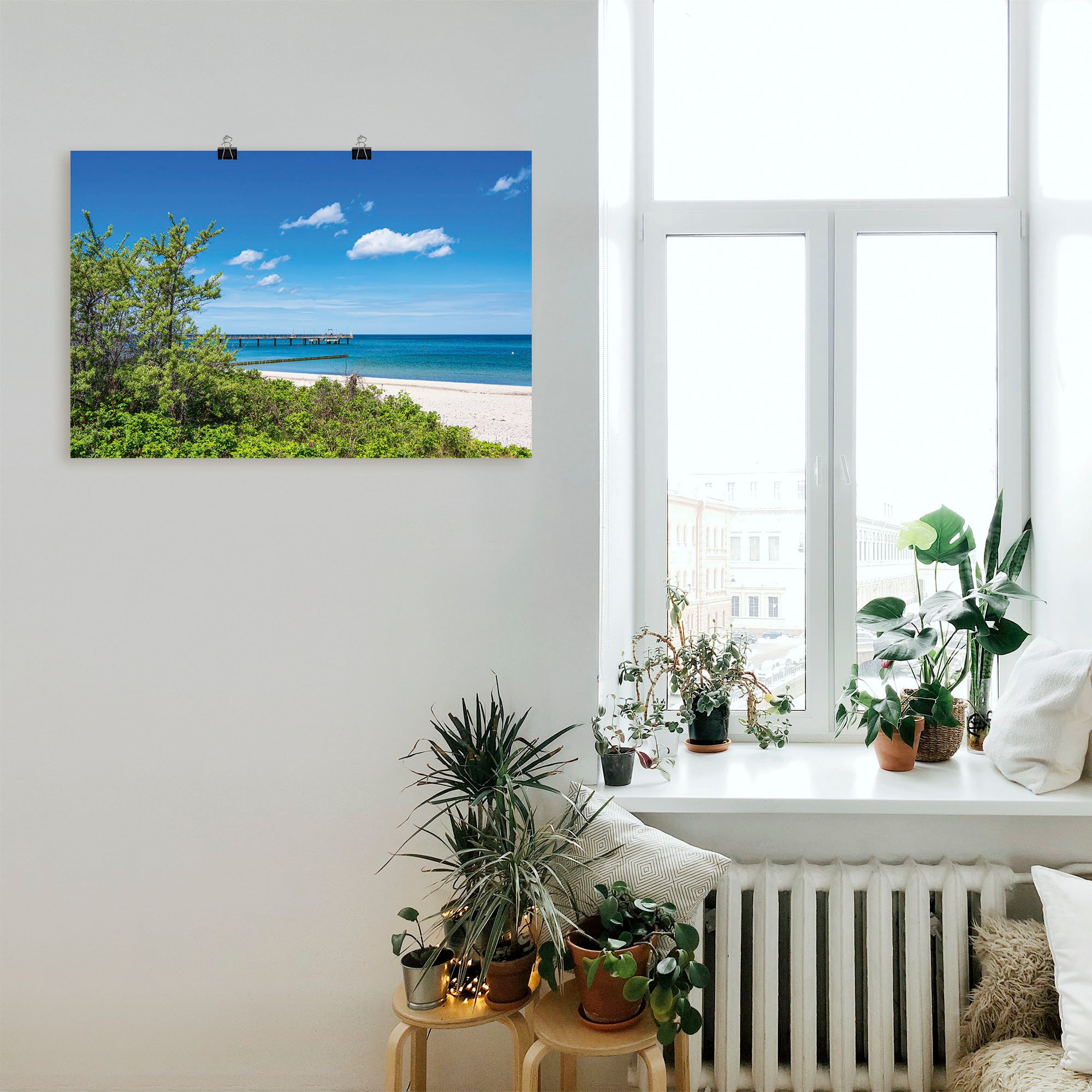 Artland Wandbild »Strand und Seebrücke an Ostseeküste«, Strandbilder, (1 St.), als Alubild, Leinwandbild, Wandaufkleber oder Poster in versch. Grössen