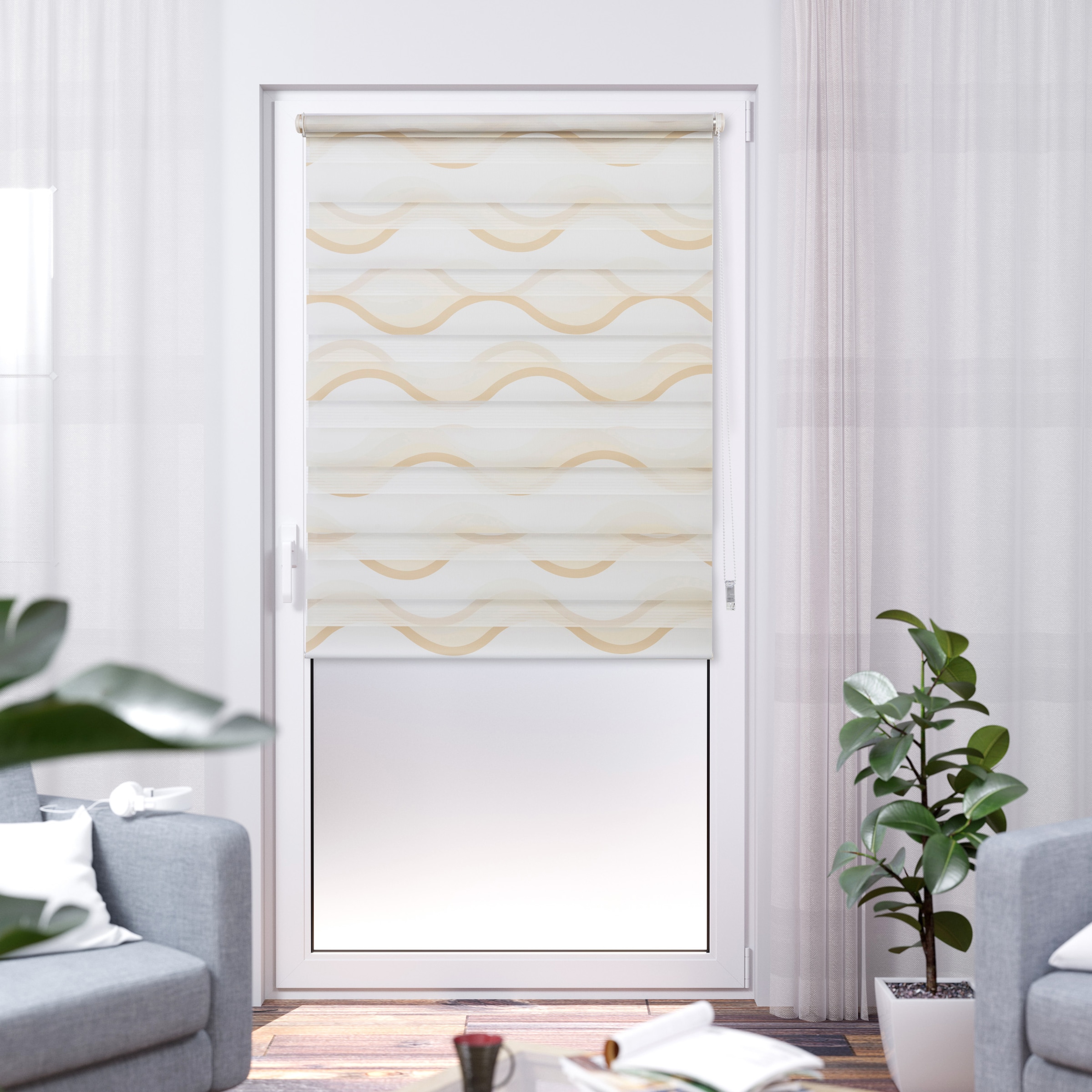 Image of K-HOME Doppelrollo "Wellen Design" Lichtschutz Sichtschutz ohne Bohren freihängend Bedruckt mit Muster
