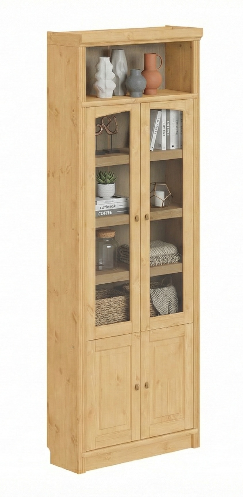 GOODproduct Vitrines »Soeren Regal mit 2 Glastüren und 2 Holztüren, B/TH: 80/29/220 cm« Kiefer FSC®-zertifiziert, 1 offenes Fach, 6 Fächer hinter den Türen
