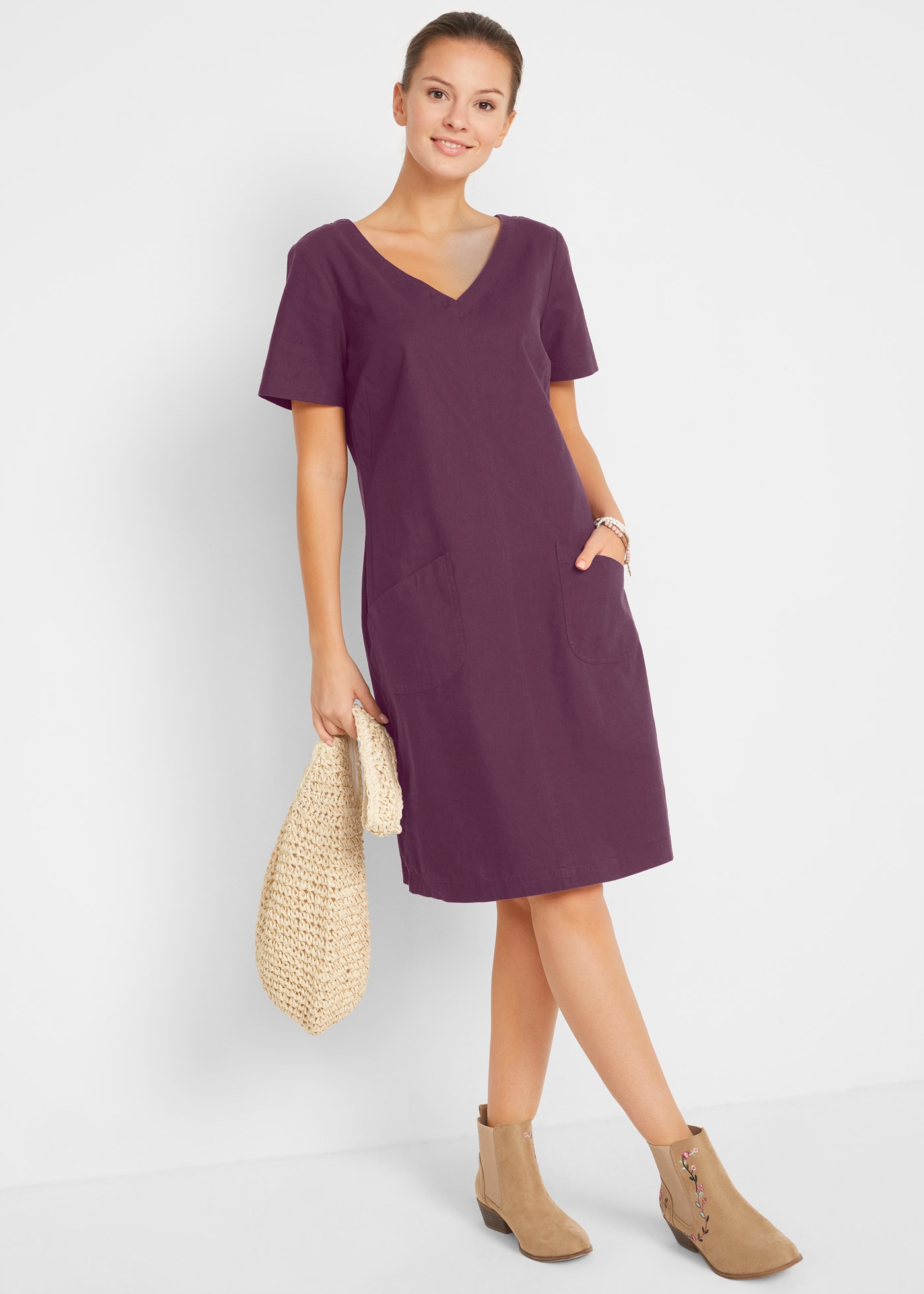 Image of bonprix Minikleid "Minikleid mit Leinen" für warme Tage, aus Leinen und Baumwolle, A-Linie, mit V-Ausschnitt