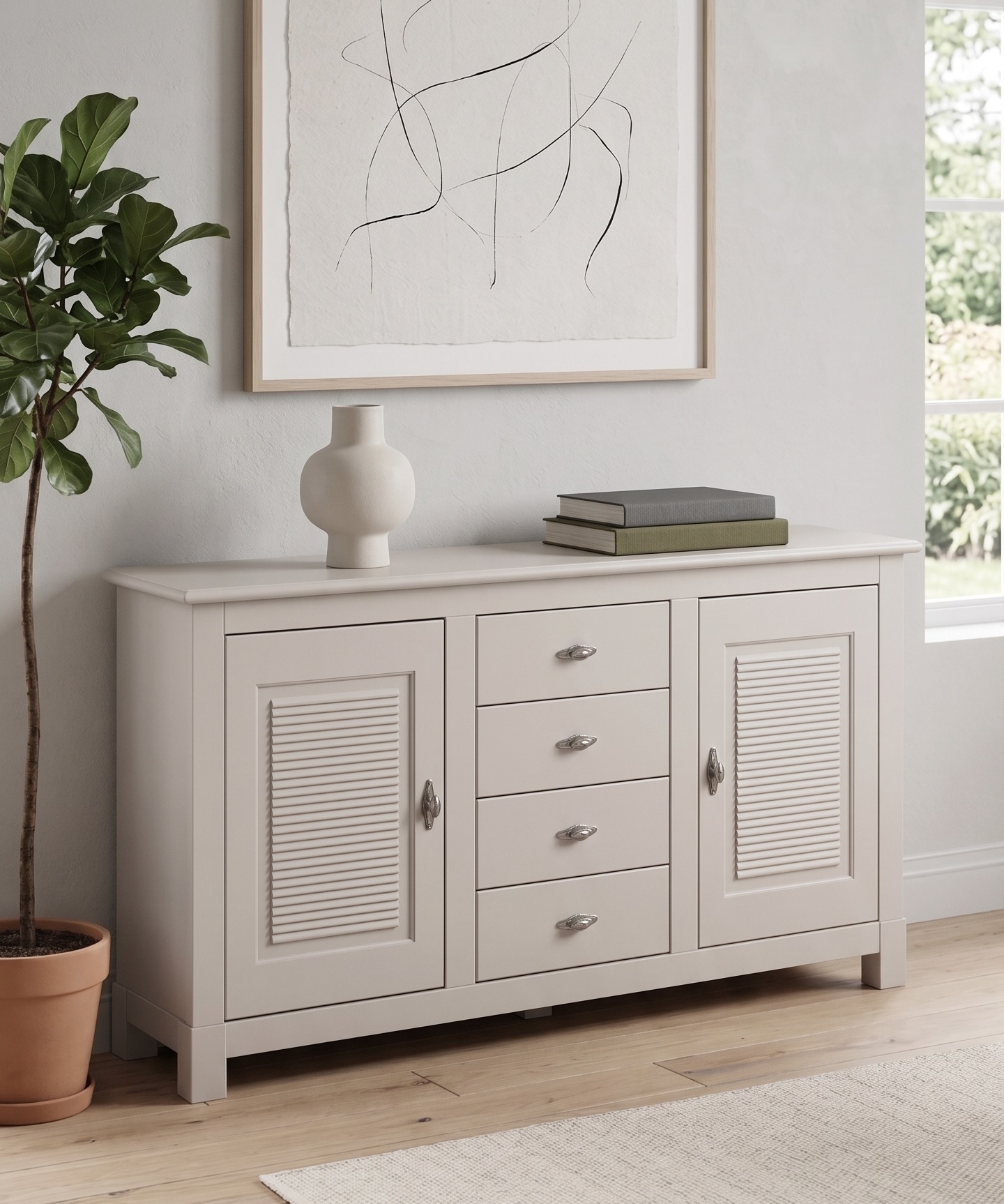 Image of GOODproduct Sideboard "Rauna Kommode, 2 Türen & 4 Schubladen mit einer dekorativen Fräsung" aus massiver Kiefer mit dezenten Metallgriffen & natürlicher Maserung