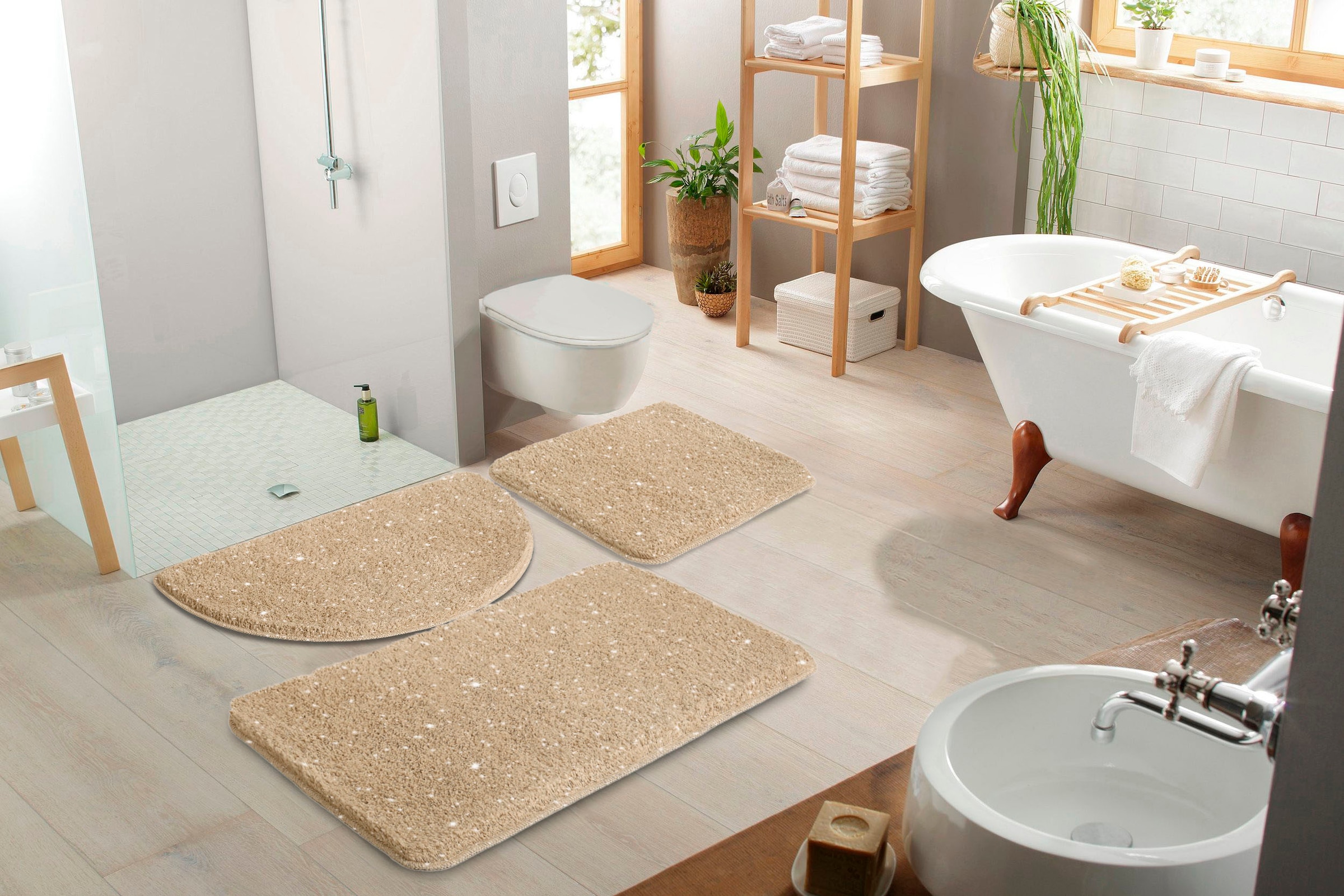 my home Badematte »Glitzer, Badvorleger, Badezimmer Teppich«, rutschhemmend beschichtet, fussbodenheizungsgeeignet-schnell trocknend-strapazierfähig, Badteppich, Akzente durch Glitzer-Garn