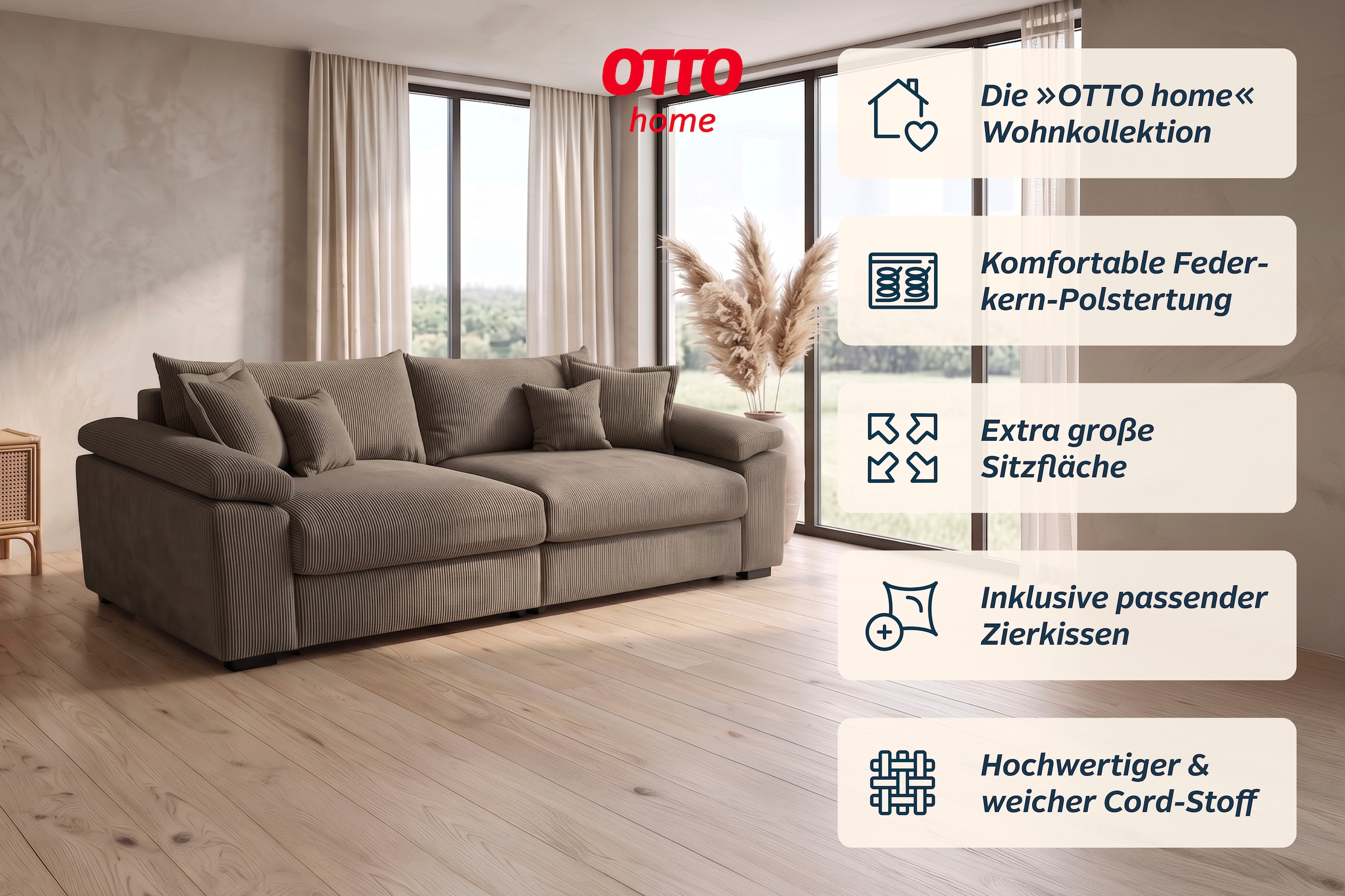 GOODproduct Canapé Big »Soft&Cosy XL, B: 246 cm - OTTO. Verlässliche Qualität.« Mega-canapé, structure en velours côtelé ou chenille, avec ressorts et 4 coussins décoratifs
