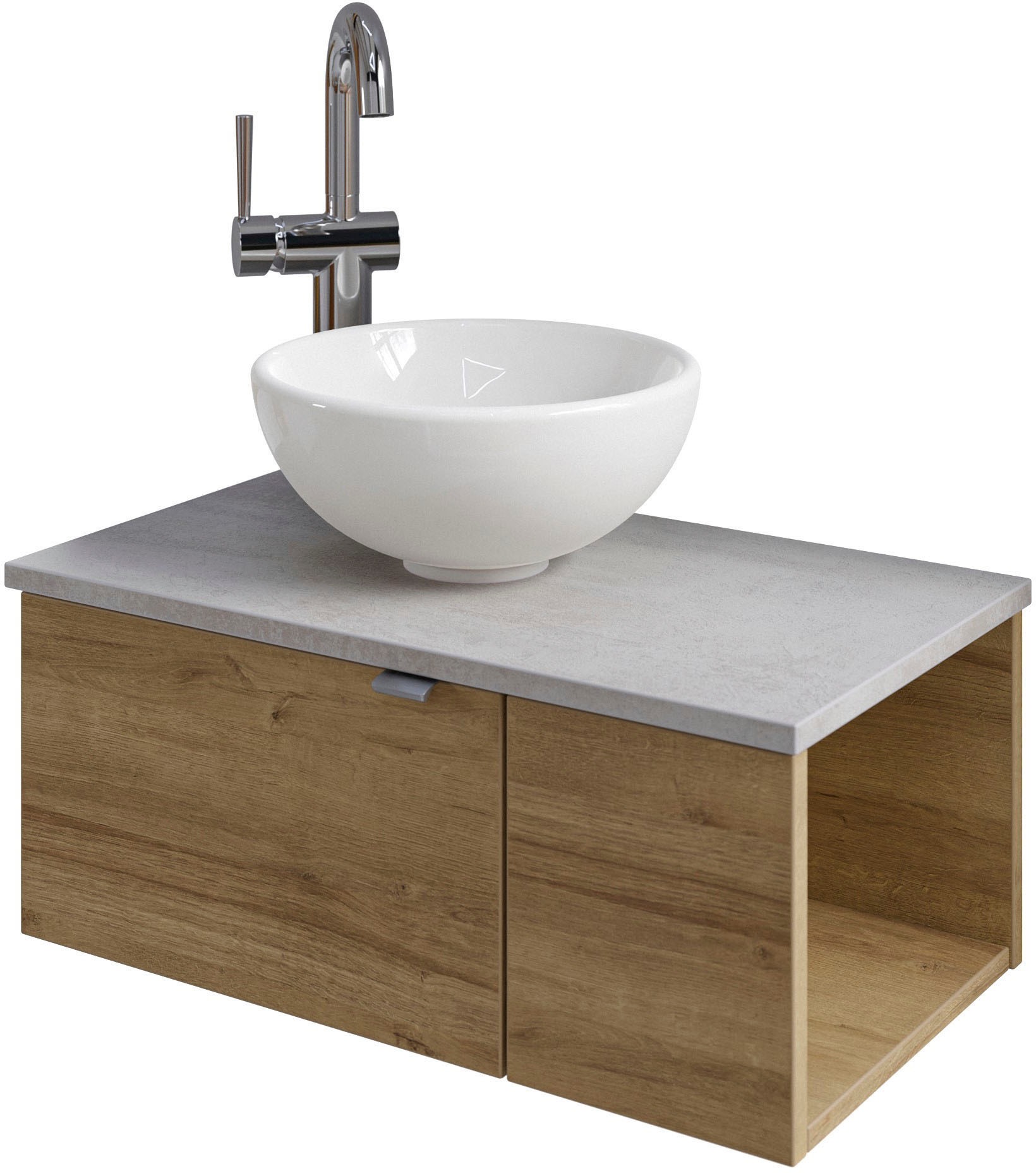 Image of Saphir Waschtisch "Serie 6915 Waschschale mit Unterschrank für Gästebad, Gäste WC" Keramik-Aufsatzbecken, Waschtischplatte, Waschtischunterschrank, 3 Stk. tlg. 61 cm breit, 2 Türen, offenes Fach, kleine Bäder, ohne Armatur