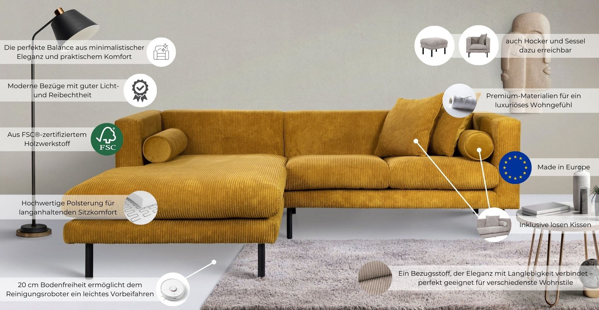 Home affaire Ecksofa »Lillibeth L-Form Designsofa, Masse B/T/H: 240/173/83 cm« Zierkissen als Wendekissen, in Samtoptik oder Cord