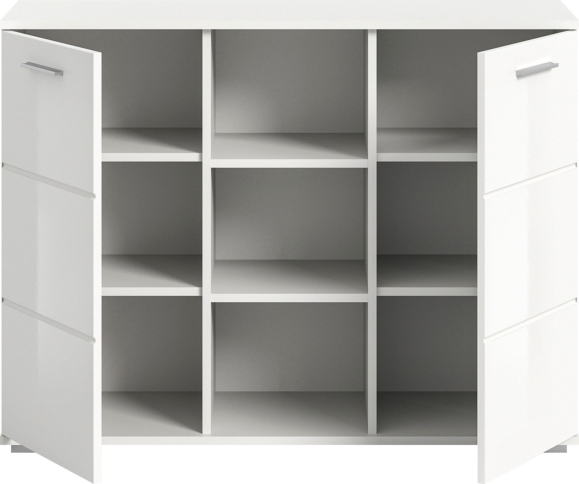 INOSIGN Sideboard »Valge, Breite 110 cm, 2 Türen, 4 verstellbare Böden, 3 offene Fächer«, Front-Rillenfräsung, Schuhkommode, Anrichte, Schrank, Kommode