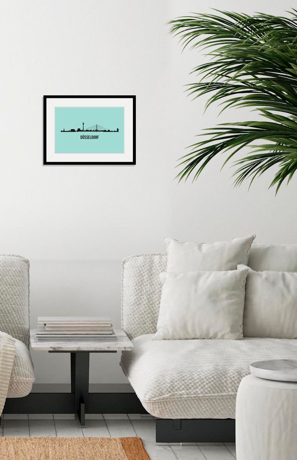 Image of queence Bild "Düsseldorf Skyline" Deutschland Düsseldorf Gebäude Schriftzug Stadt Städte 1 Stk. tlg. HD Premium Poster-Druck inkl. Holzrahmen