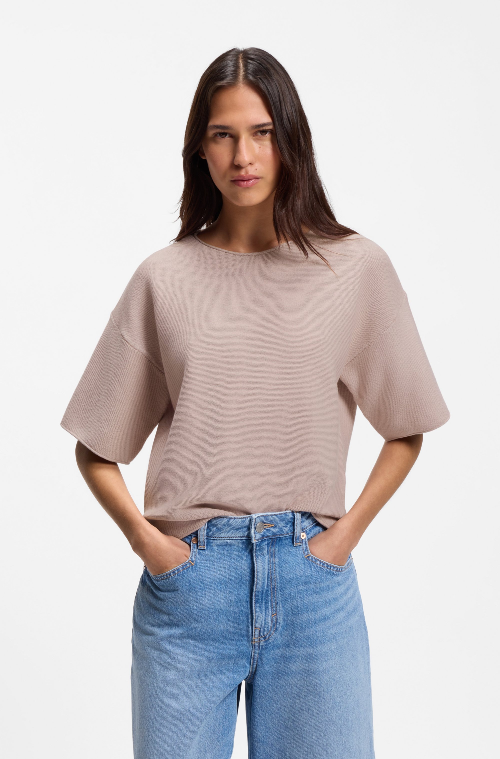 Image of BOSS ORANGE Kurzarmpullover "Fouetta Premium Damenmode" Baumwoll-Woll-Mix, Relaxed Fit