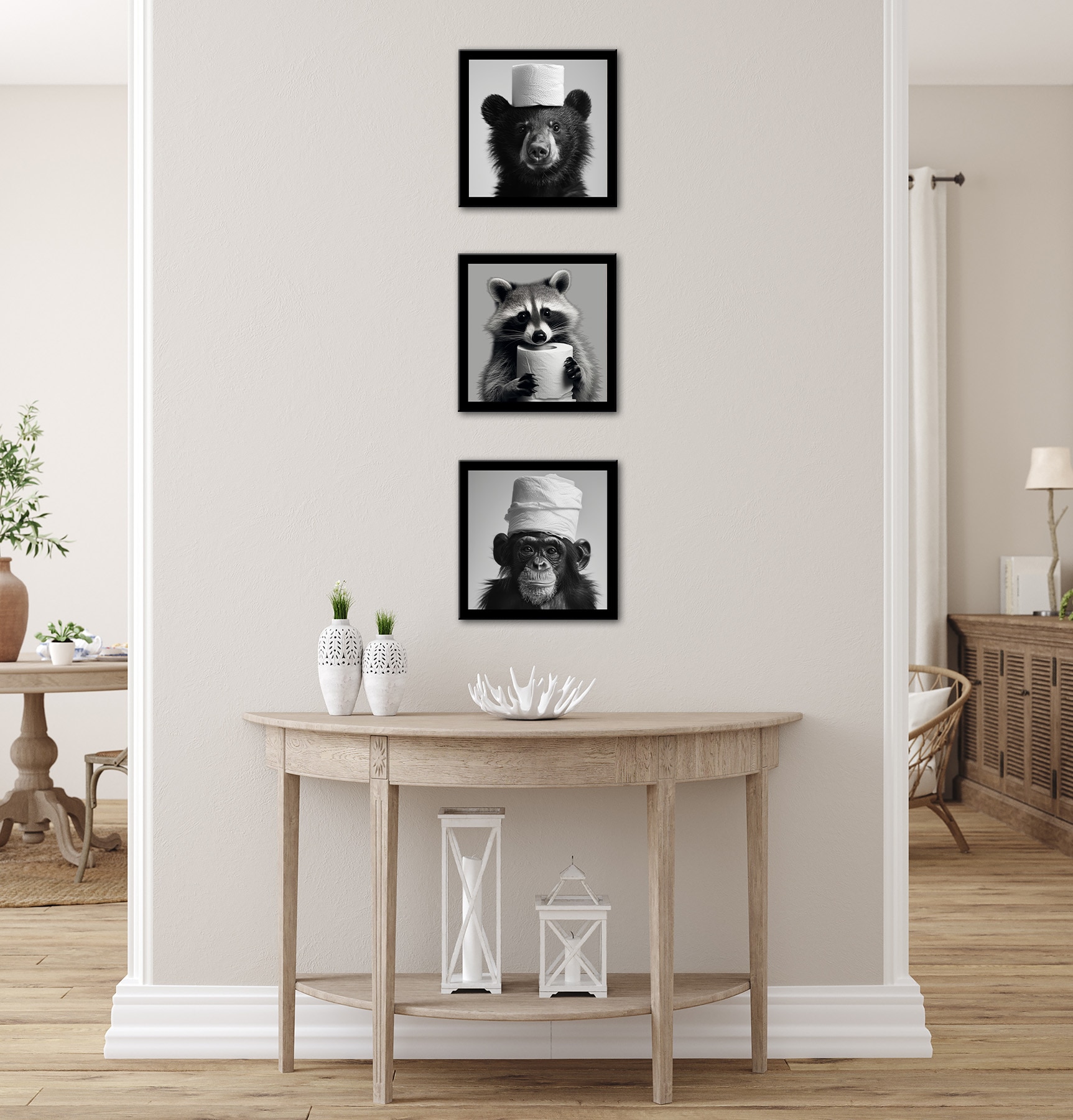 Bönninghoff Bild mit Rahmen »3er-Set gerahmte Bilder WC Tiere 3x23x23 cm – Tiermotiv modern« Affen | Humor | Tiere mehrteiliges Bilder-Set, harmonisch aufeinander abgestimmt