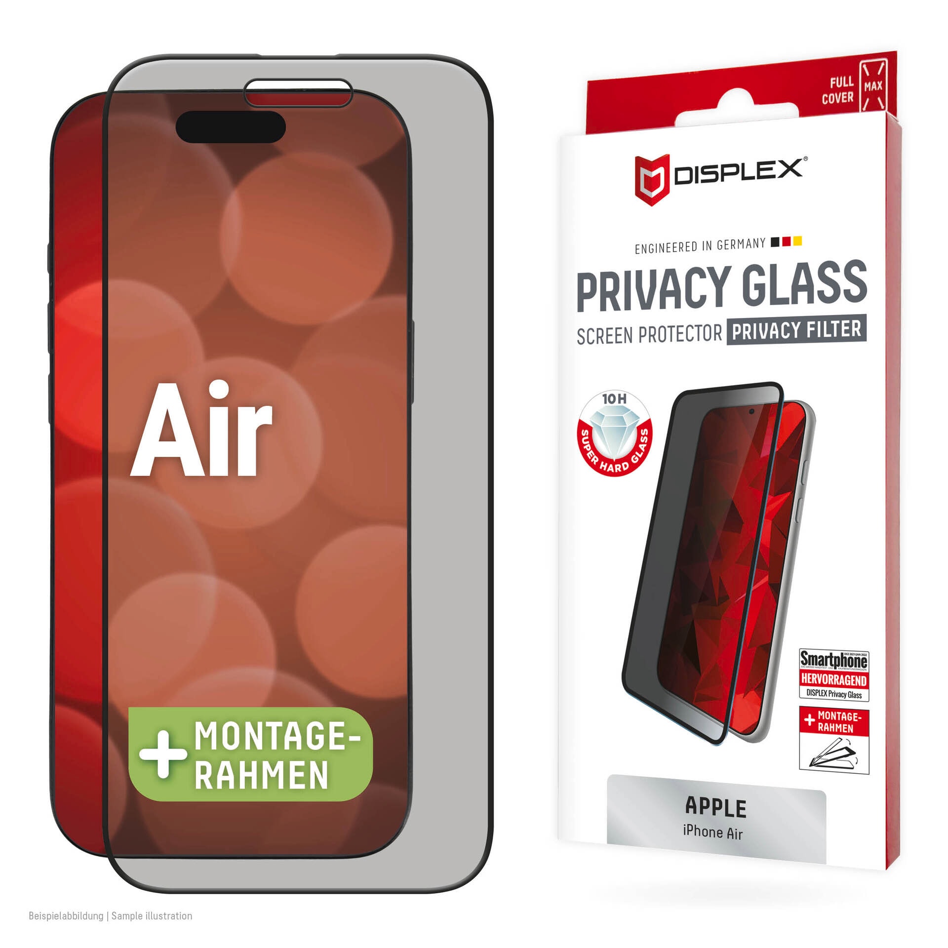 Displex Displayschutzglas "Privacy Glass Screen Protector" für Apple iPhone Air Displayschutzfolie, Schutzfolie, Bildschirmschutz, kratz- & stossfest