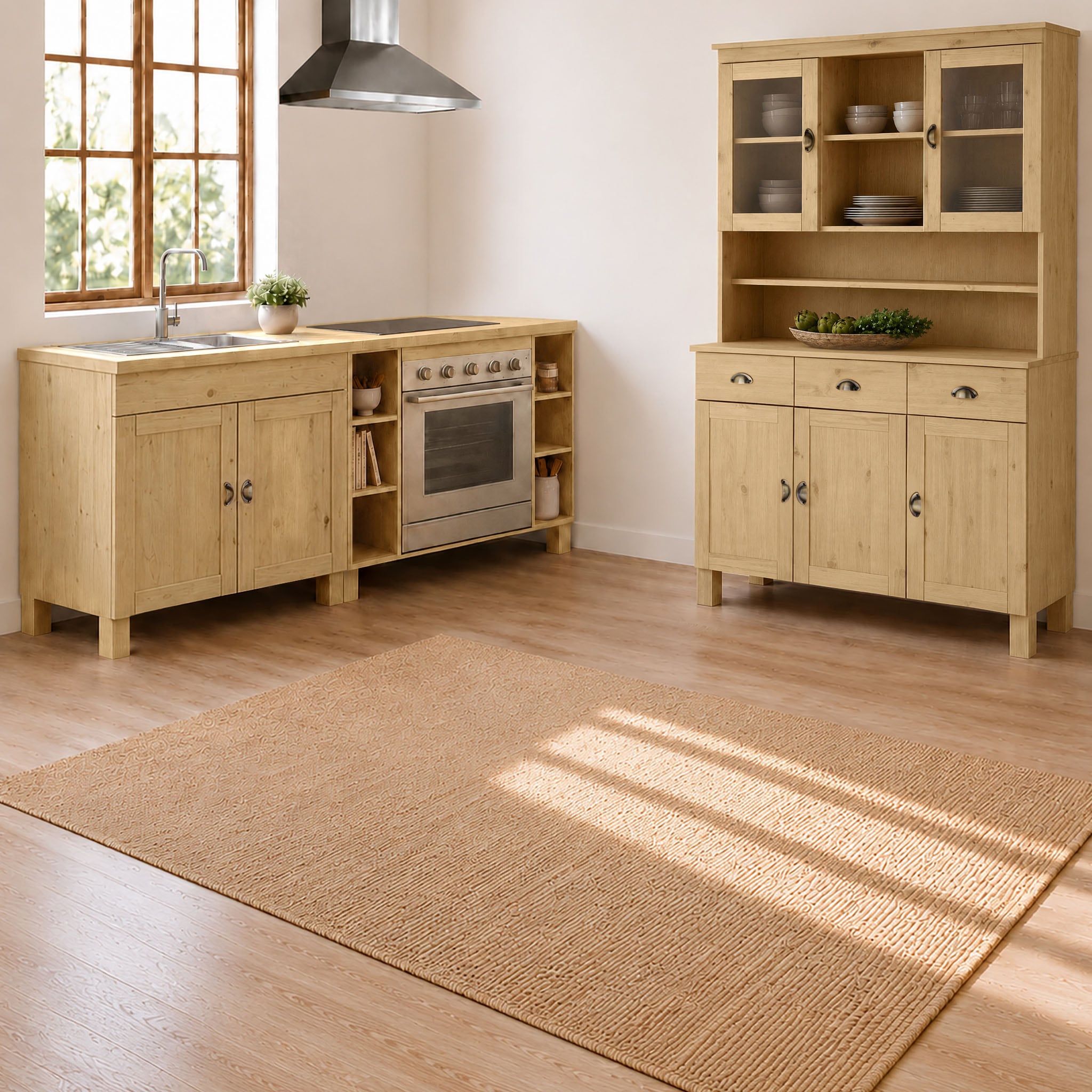 Home affaire Buffet de cuisine »Oslo« 125 cm de large, en pin massif, avec 2 portes vitrées, poignées en métal