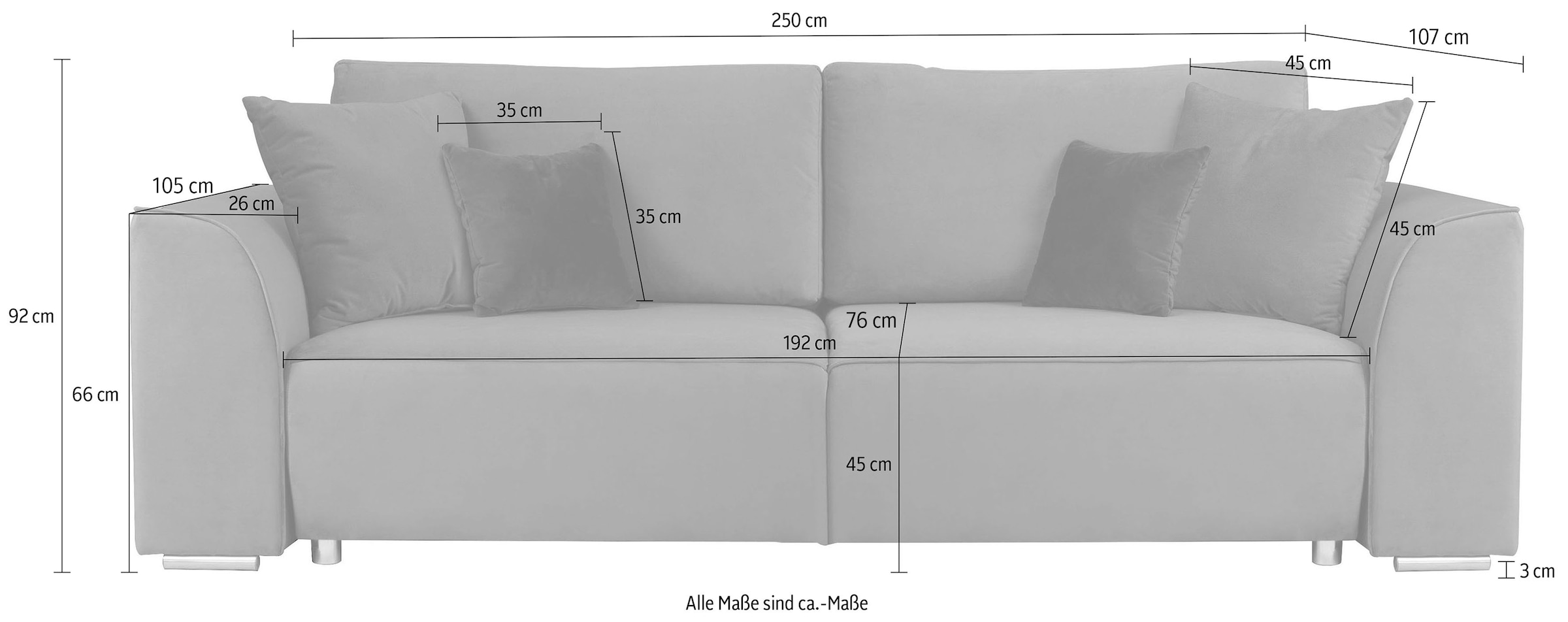 INOSIGN 3-Sitzer Beatrice Schlafsofa, wahlweise auch mit Bettfunktion und Bettkasten, incl. 2 Zierkissen