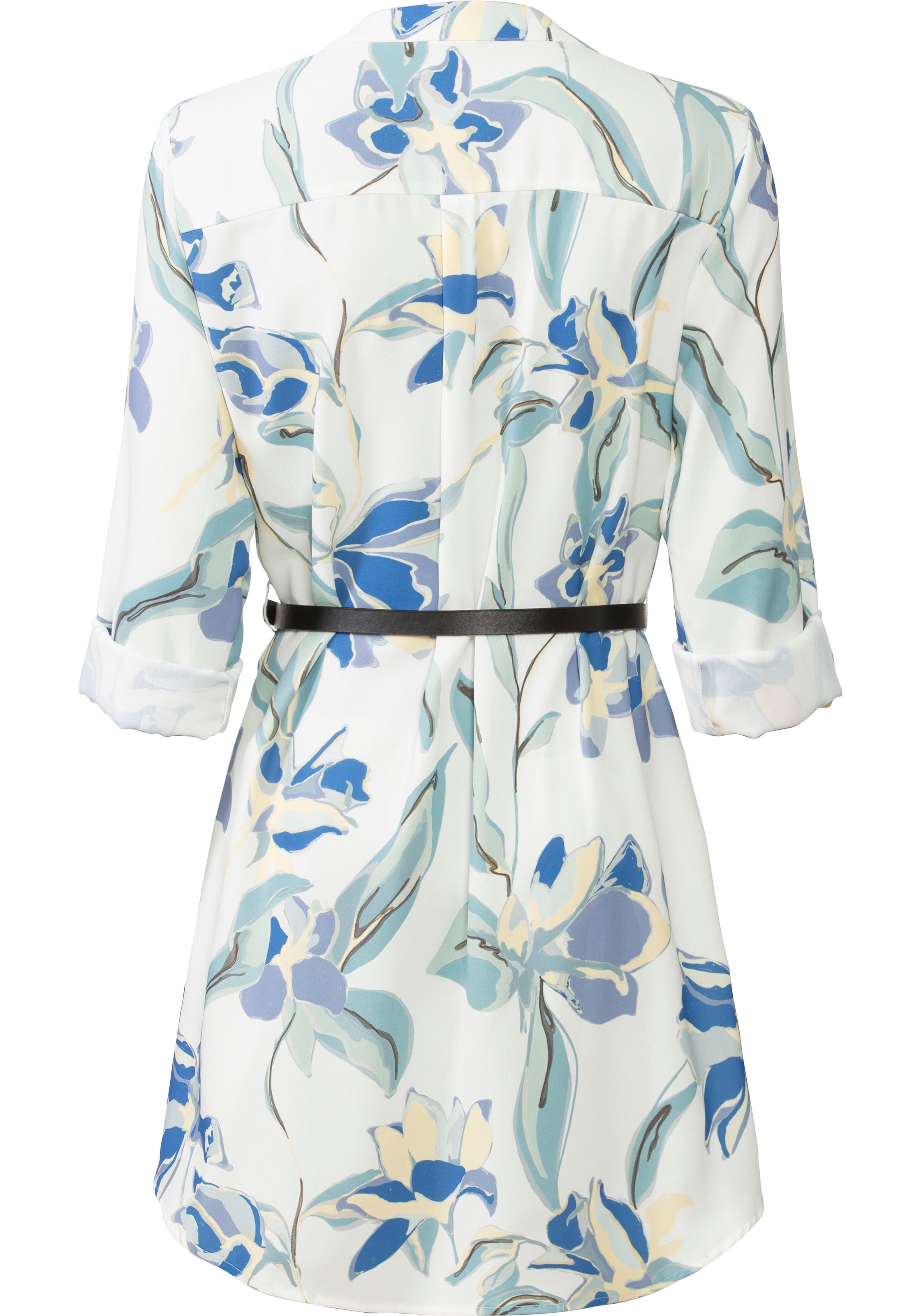 LASCANA Longbluse, (mit Gürtel in Lederoptik), aus gekreppter Ware mit Blumendruck, Blusenkleid