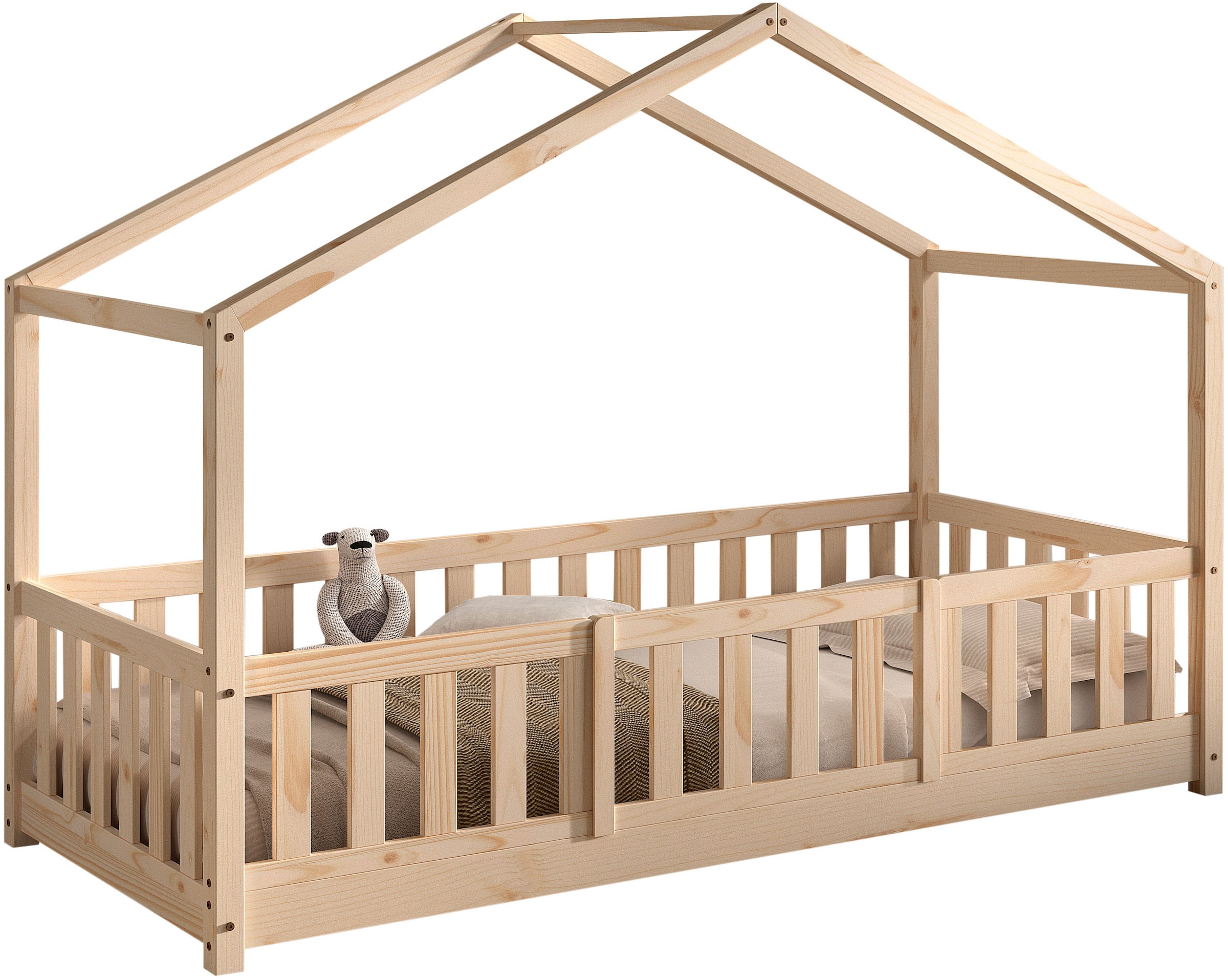 Vipack Hausbett »Dallas, Massivholzbett mit Dachaufbau umbaubar vom Boden- zum Daybett« inkl. Lattenrost, Rausfallschutz, Sprossen, 90 oder 140x200 cm breit,  stabil und standfest gebaut, wahlweise Kiefer massiv natur oder weiss
