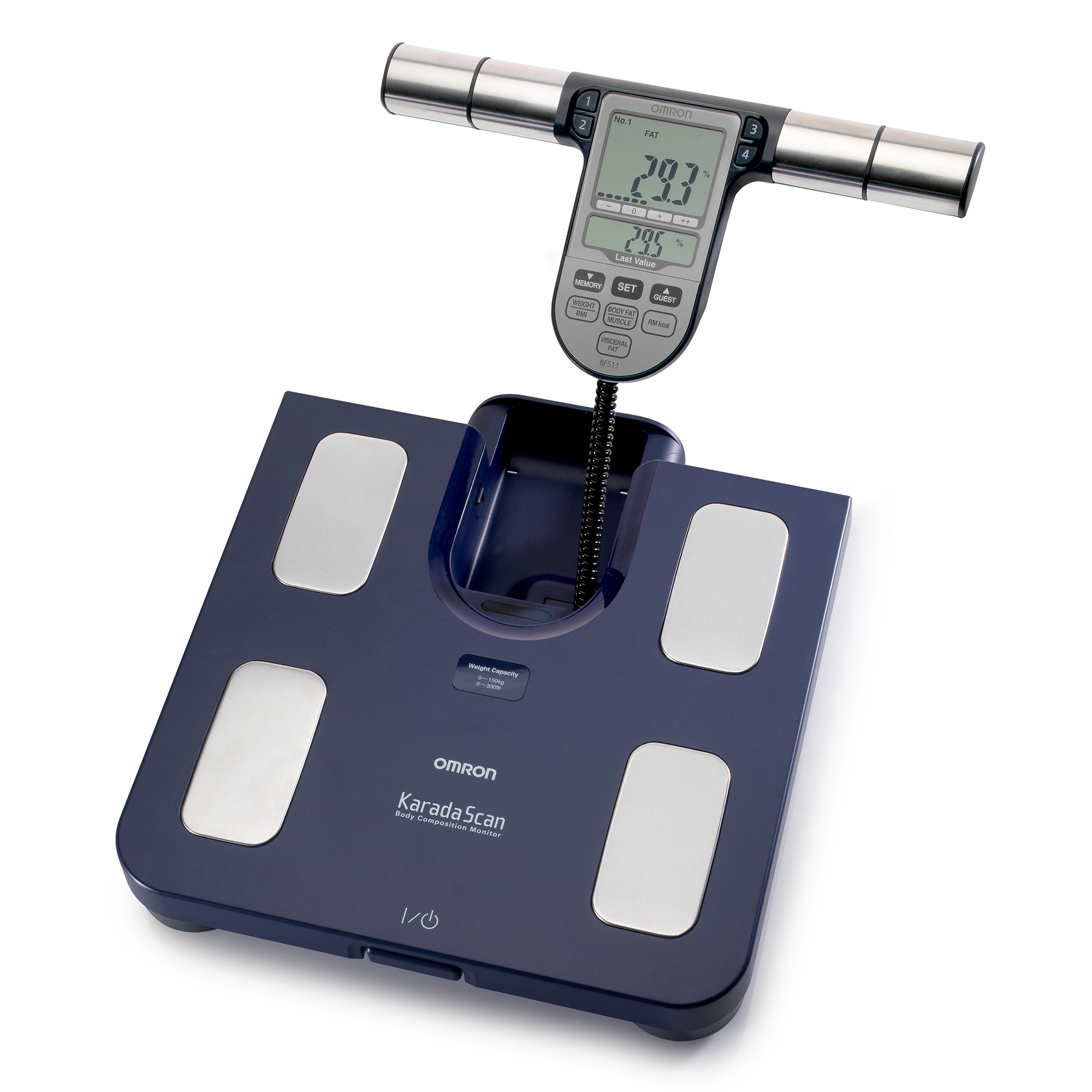 Omron Körper-Analyse-Waage "BF511 Ganzkörpermessung mit klinischer Genauigkeit, 8 Sensoren" Körper- & Viszeralfett, Muskelmasse, BMI & RMR, bis 150 kg, 4 Nutzer
