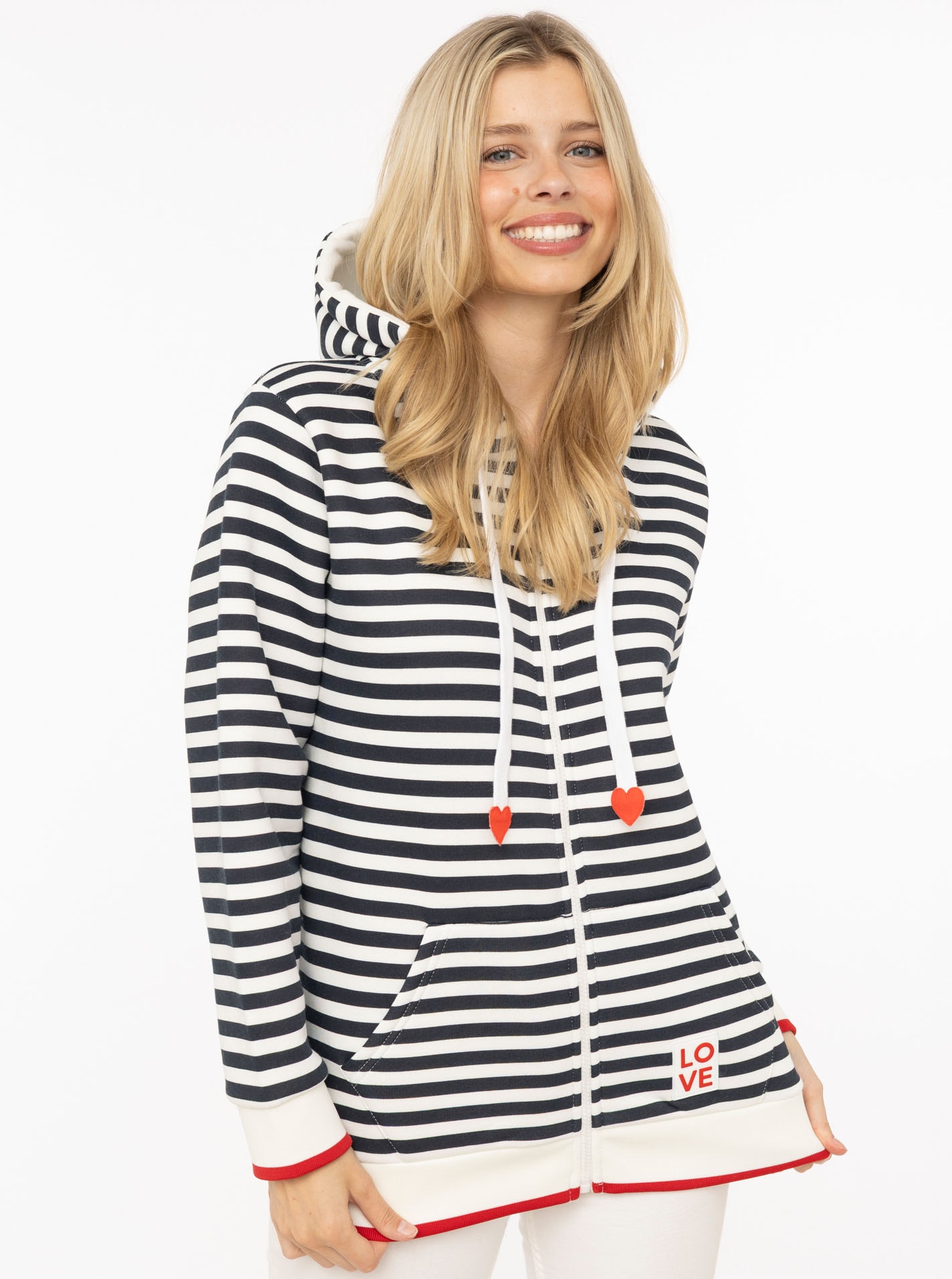Image of Zwillingsherz Kapuzensweatjacke ""Maritim"" gestreift, Kapuze mit Kordel und Herzen, Taschen, Zipper
